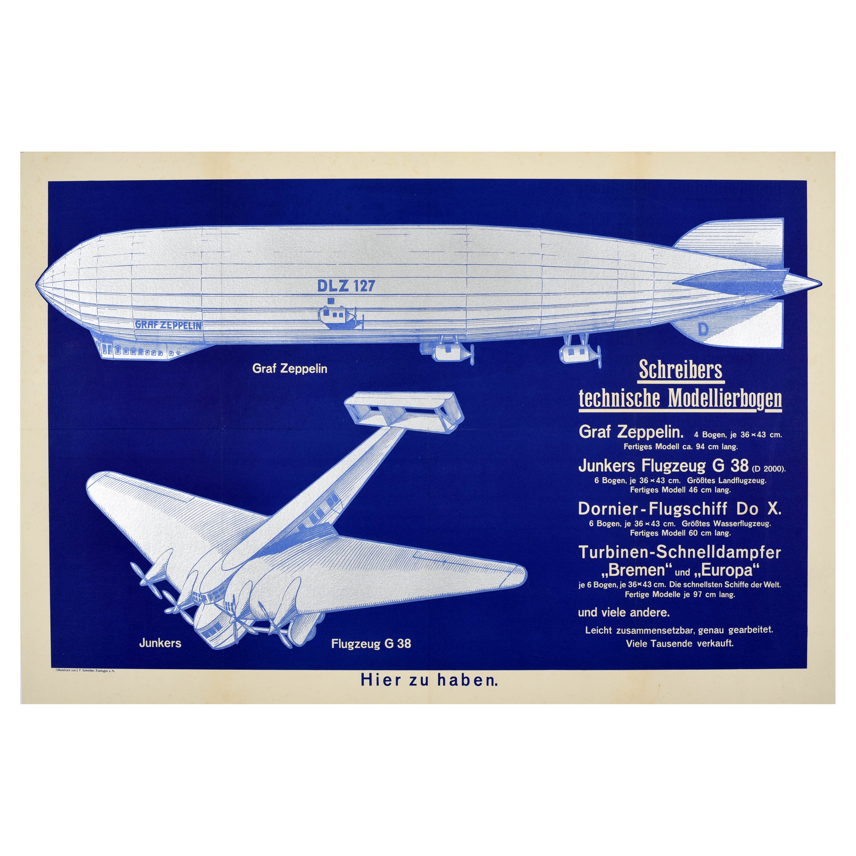 Original-Vintage-Poster, Graf Zeppelin, Schreibtische, Modelle, Junkers Flugzeug G38 im Angebot