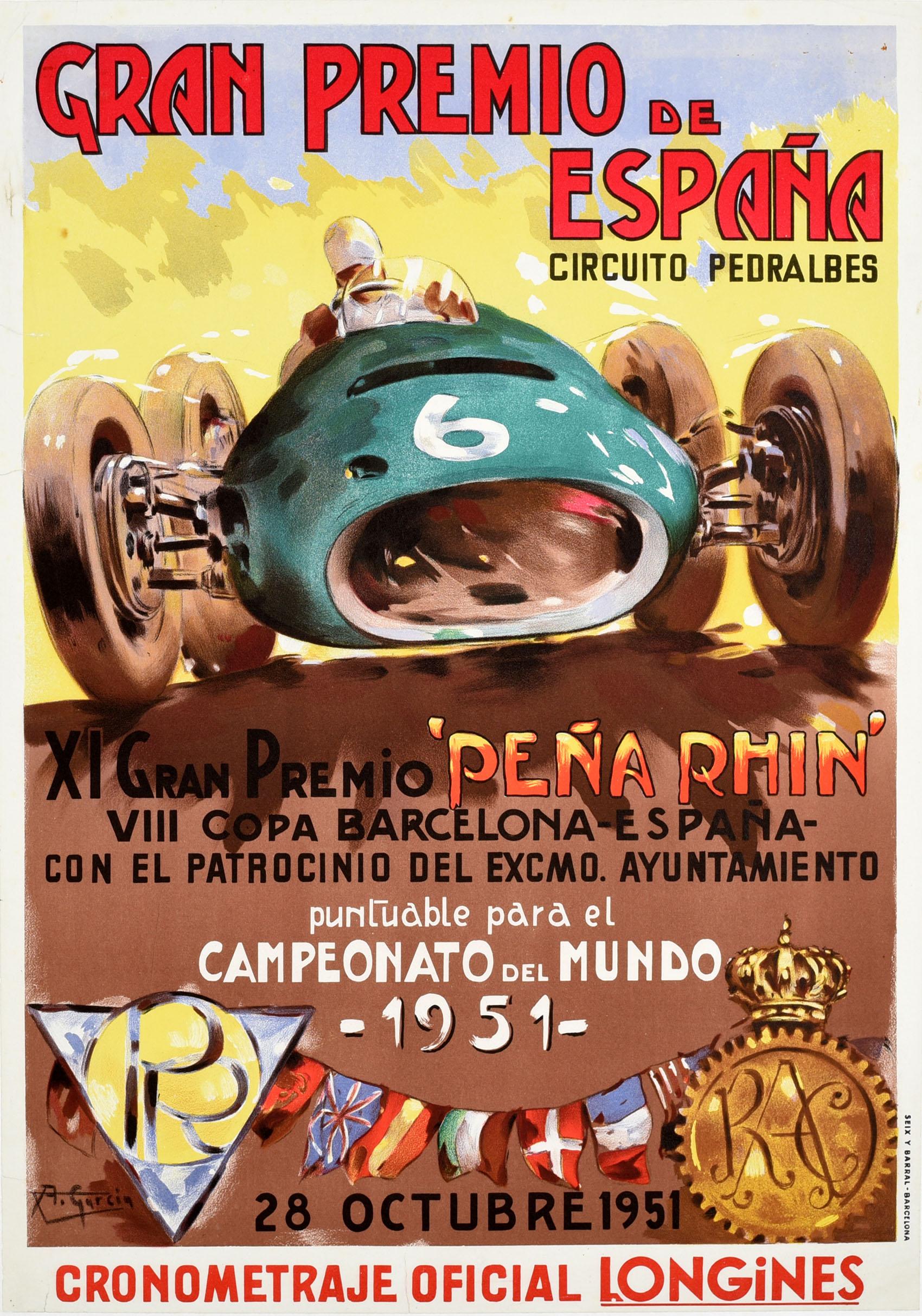 Affiche originale d'époque du GP de Formule 1 pour le Championnat du monde du Grand Prix d'Espagne Circuit Pedralbes / Gran Premio De Espana Circuito Pedralbes le 28 octobre 1951. Elle présente un dessin coloré et dynamique d'une voiture de course