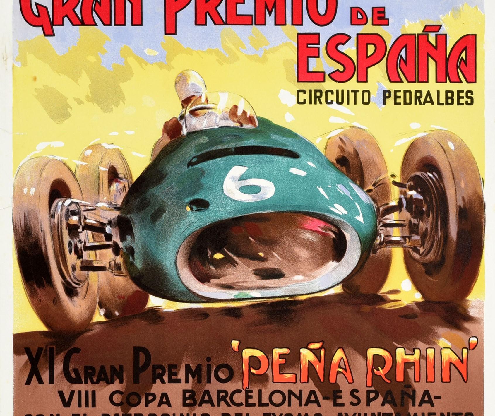 Milieu du XXe siècle Original Vintage Poster Gran Premio De Espana Spain Grand Prix Formula One Race en vente