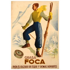 Original Vintage Poster Grasa Foca Wax Shoe Polish Skiing Sport Art Deco Design