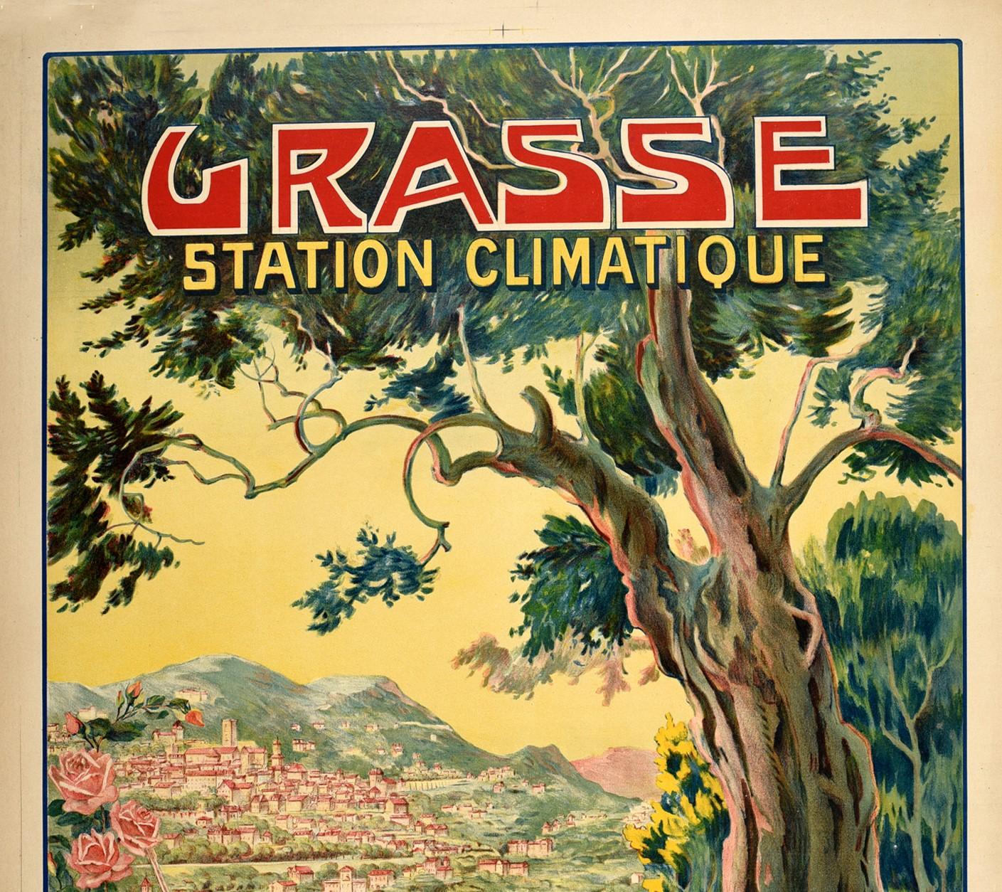 Original vintage travel advertising poster for Grasse in the Alpes-Maritimes region of the French Riviera - Grasse Station Climatique son ciel bleu, son air pur, son panorama merveilleux, ses eaux incomparables, ses jardins and ses parcs, ses
