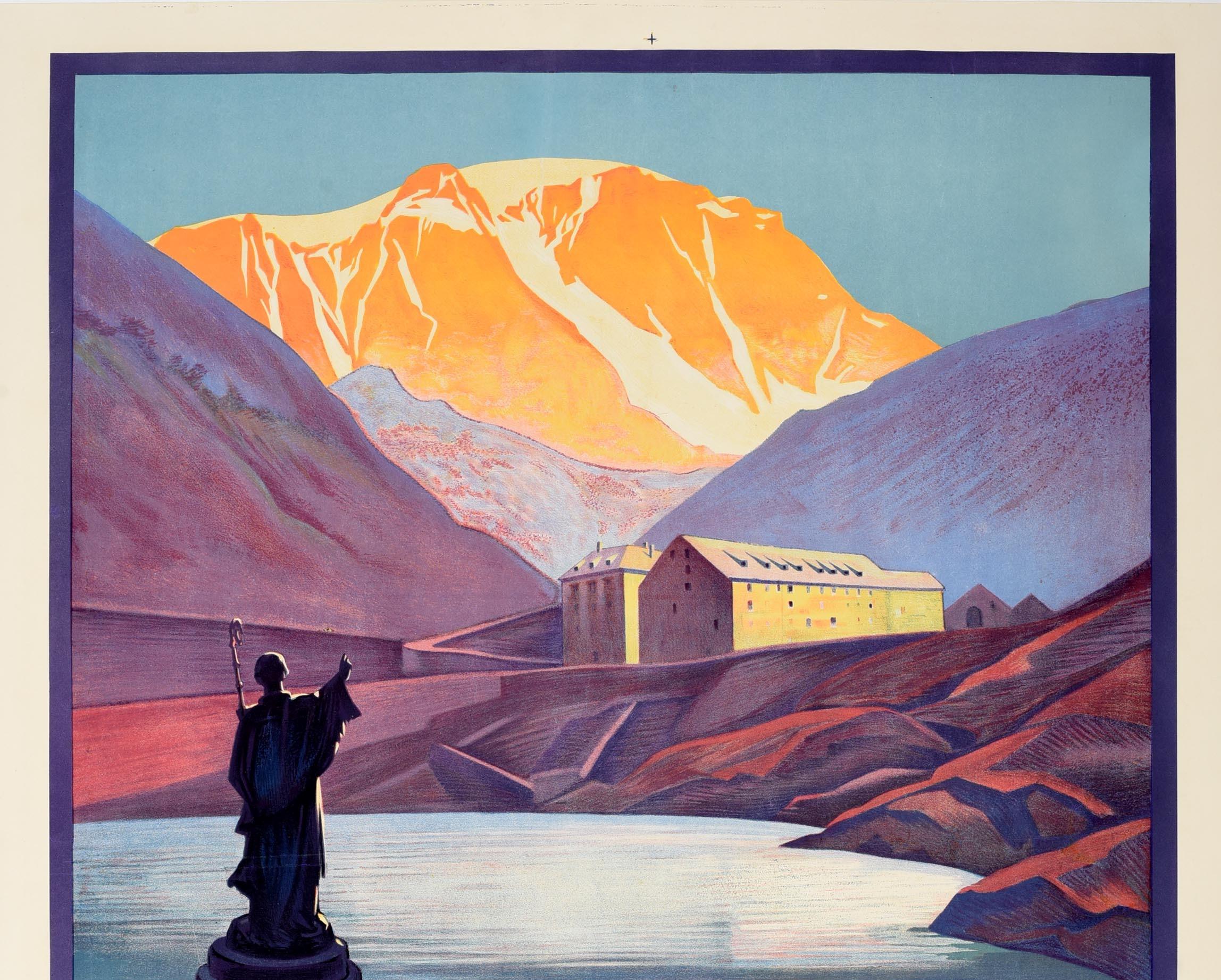 Original vintage PLM Paris Lyon Mediterranee railway travel poster for the historic Col Du Grand St Bernard / Great St. Bernard Pass lying between Mont Blanc and Monte Rosa in the Alps connecting Martigny in Valais Switzerland with Aosta in Italy (a