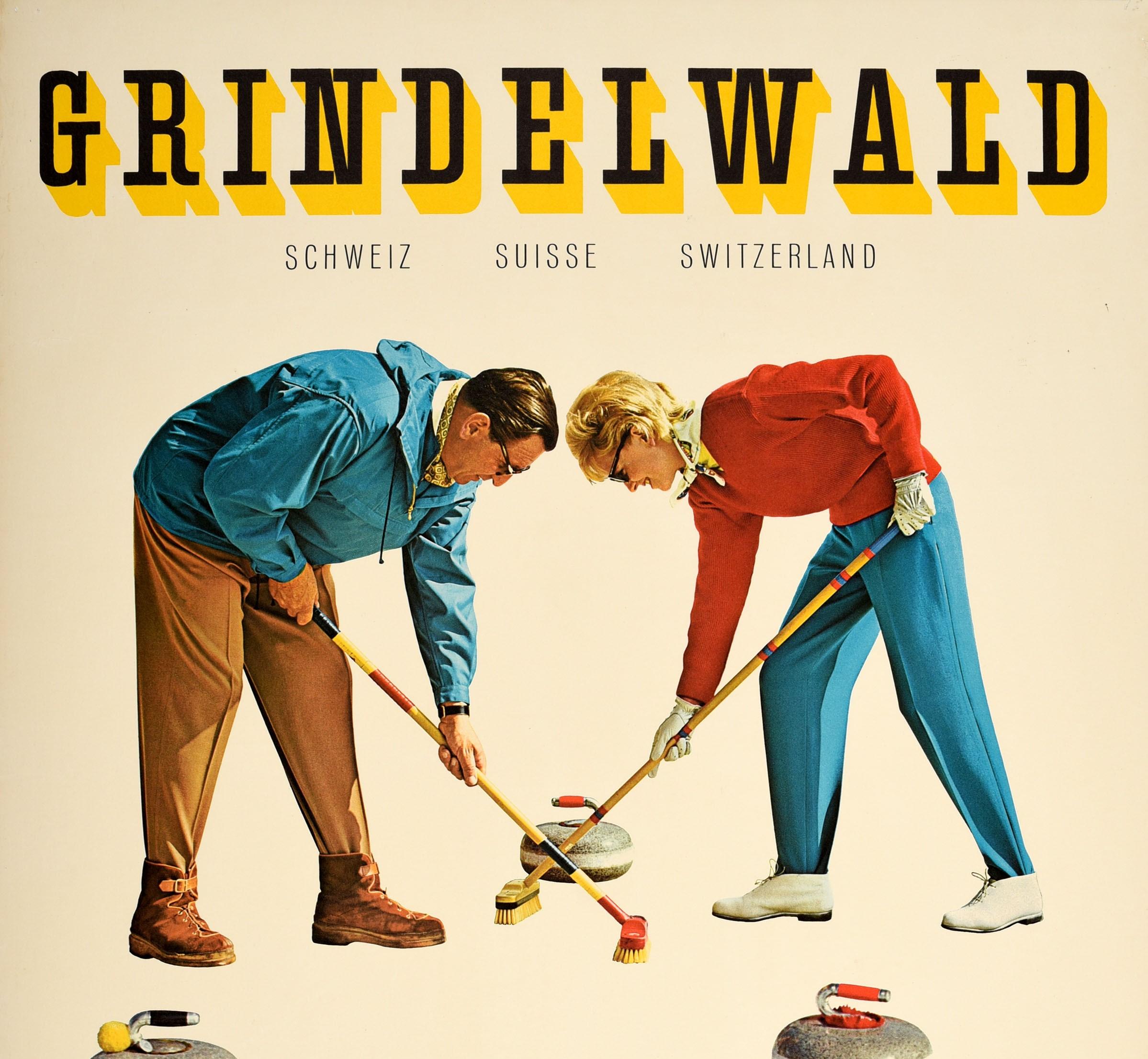 Original vintage winter sport travel poster for Grindelwald Switzerland featuring a great image of a couple curling on ice, both smiling and leaning forward to brush the ice with curling stones on the marked out bullseye target in the foreground.