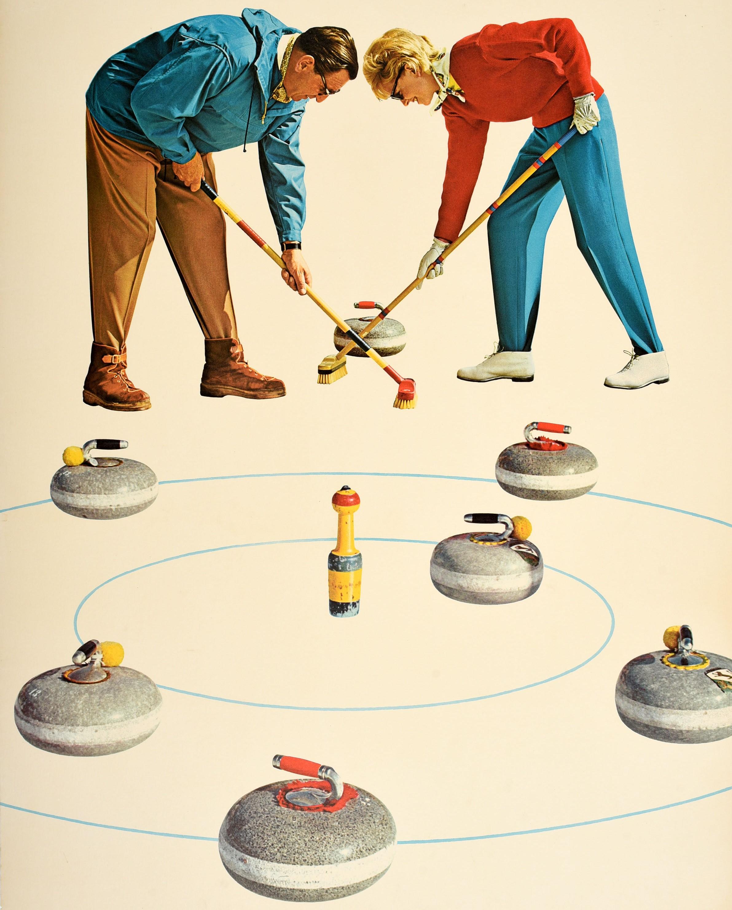 Suisse Affiche vintage d'origine Grindelwald Switzerland Ice Curling Sport d'hiver en vente