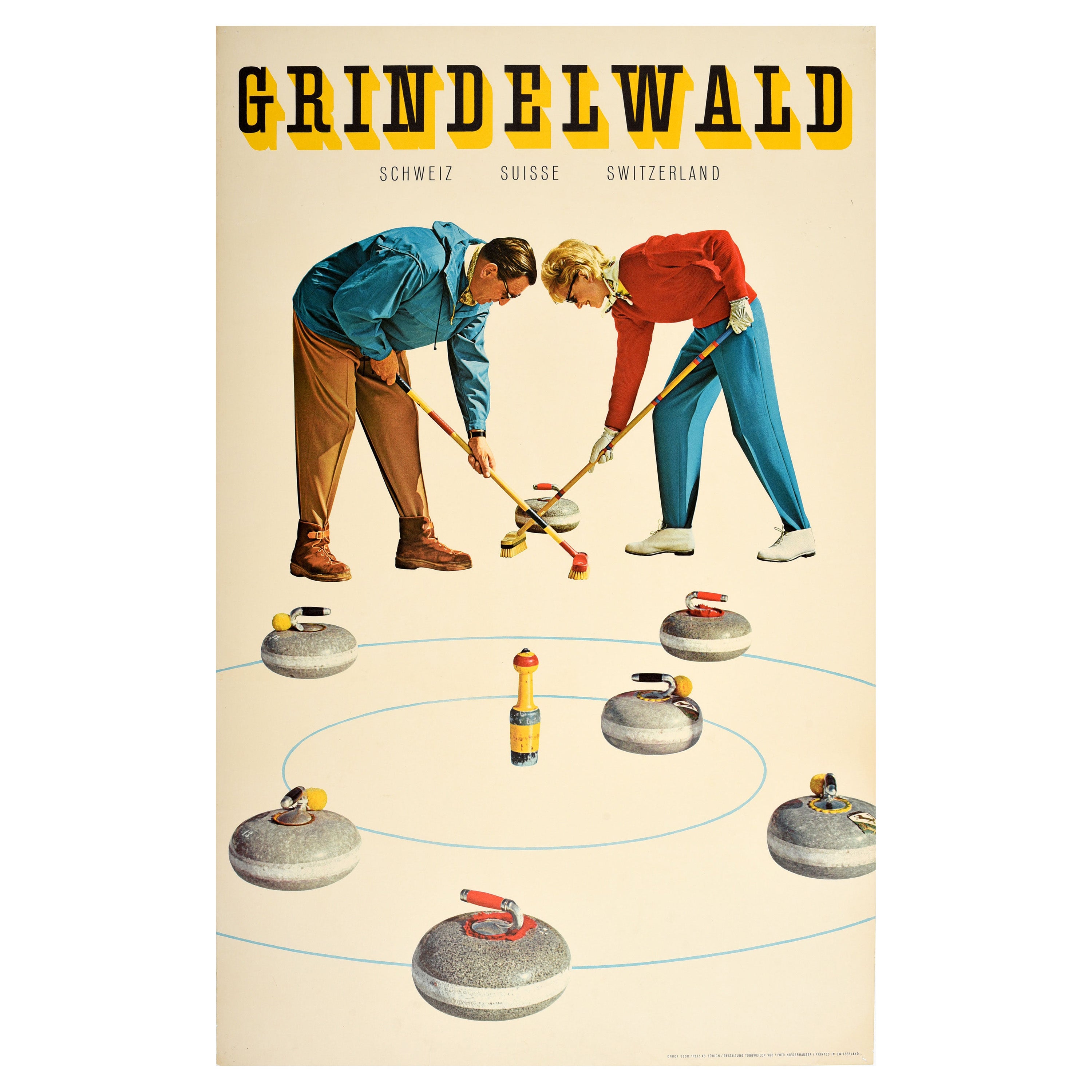 Póster original de época Grindelwald Suiza Curling sobre hielo Diseño deportivo de invierno
