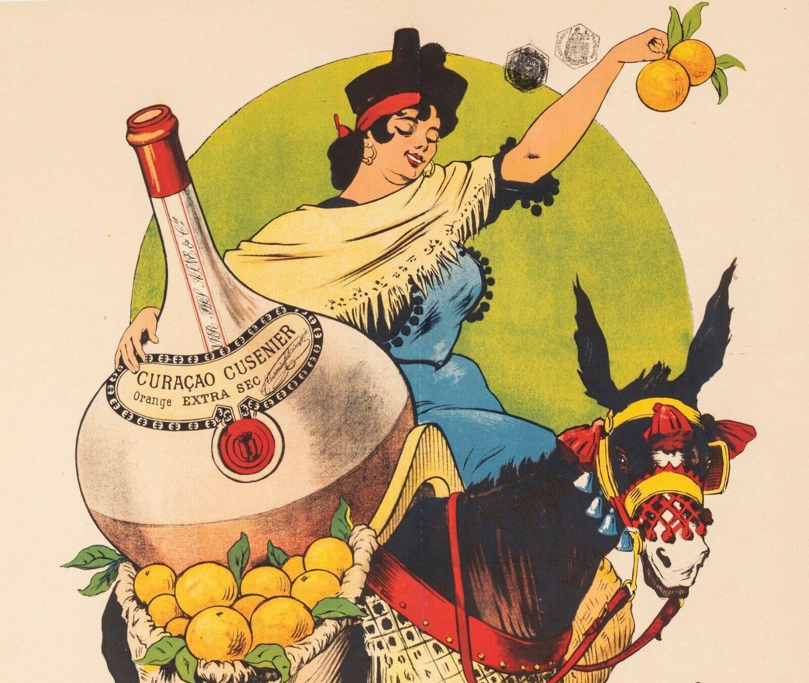 Original Vintage Poster-Gros E. -Curacao Cusenier-Liqueurs-Âne, 1899

Poster for the promotion of Curaçao Cusenier by the artist E. Gros.
Color lithograph poster advertising Cusenier extra dry Curaçao. The poster depicts a woman, holding two oranges