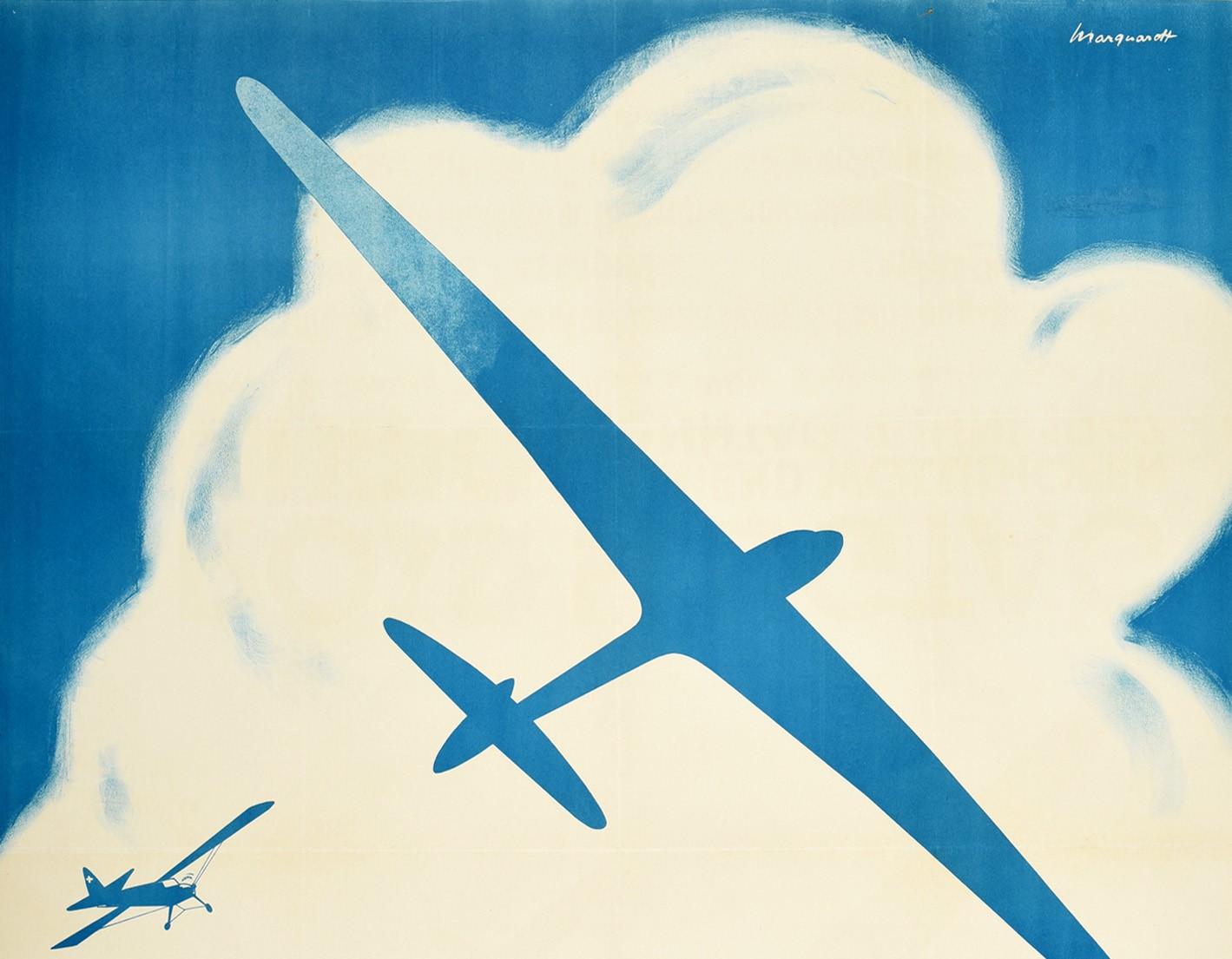 Original vintage aviation event poster advertising the Gross-Flugtag Zurich in 1947 featuring a stunning design in shades of blue and white showing silhouettes of a bi-plane and glider flying overhead against a cloud with the bold stylised title