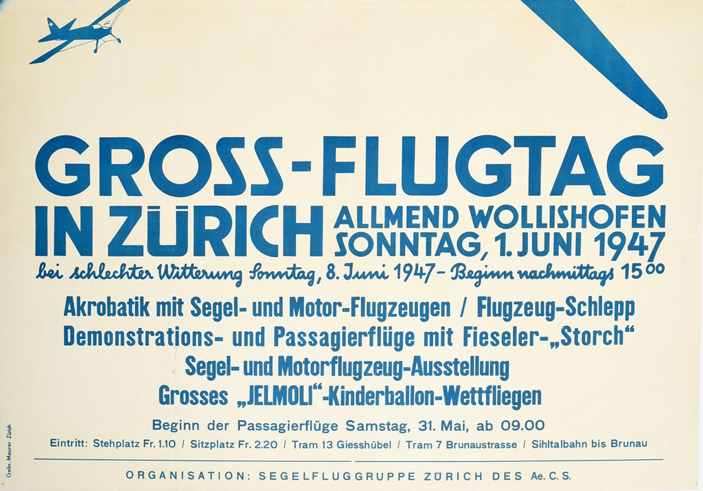 Swiss Original Vintage Poster Gross Flugtag In Zurich Flight Day Glider Plane Aviation