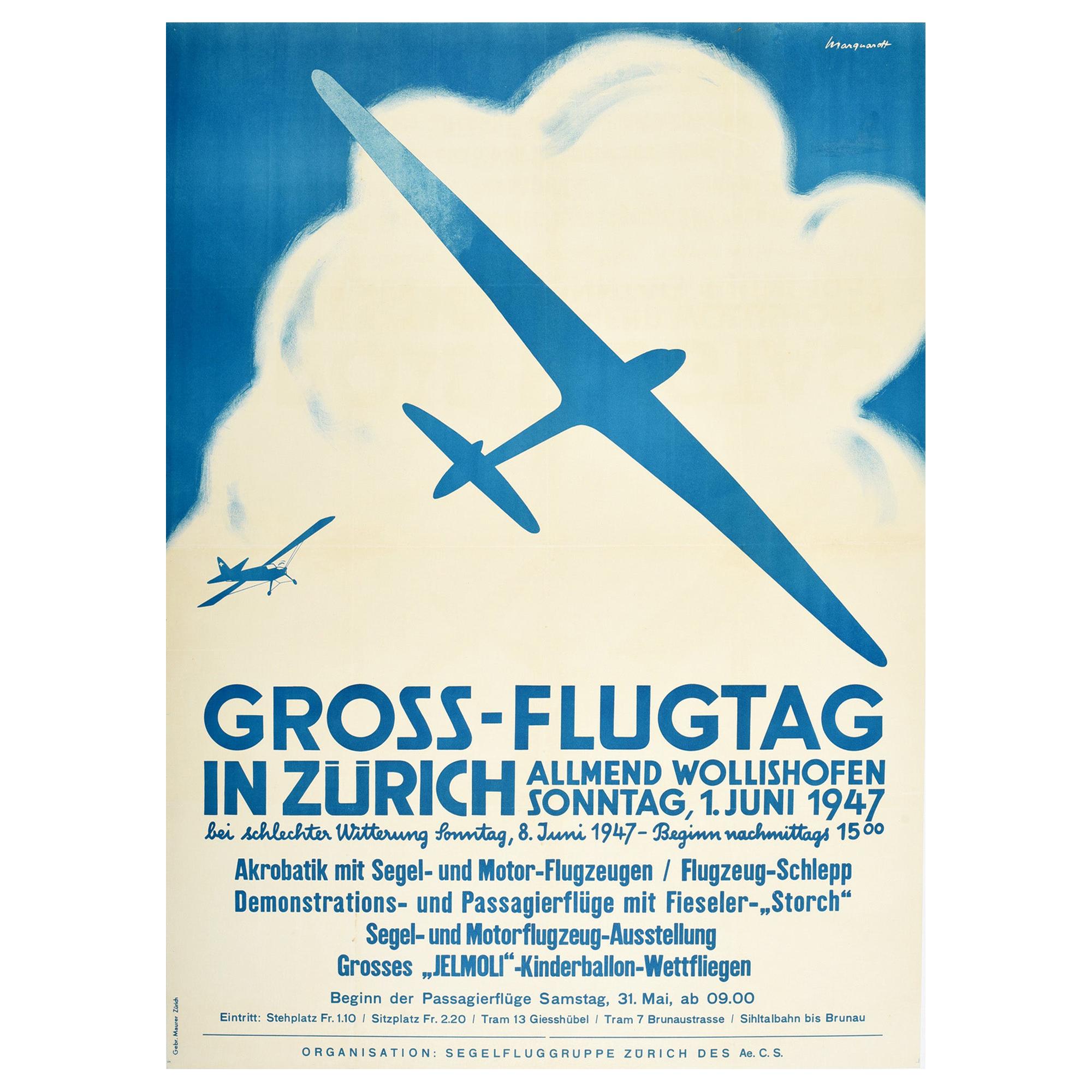 Original Vintage Poster Gross Flugtag In Zurich Flight Day Glider Plane Aviation