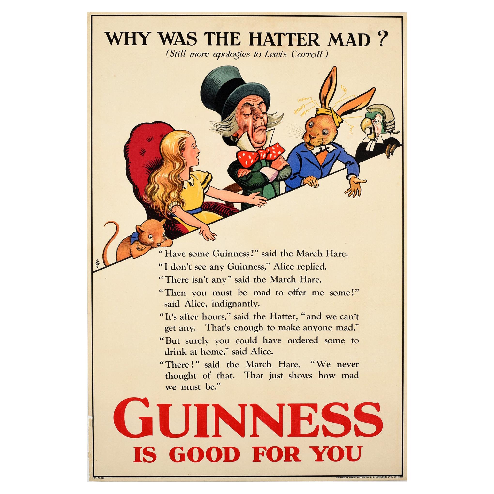 Original Vintage Poster Guinness Is Good For You Alice In Wonderland Mad Hatter