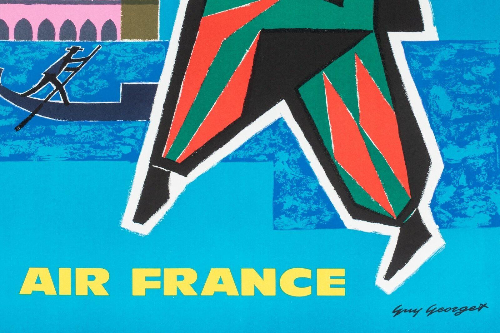 Mid-Century Modern Guy Georget Original Vintage Airline Poster Venice Italy Carnival Gondola 1963 en vente