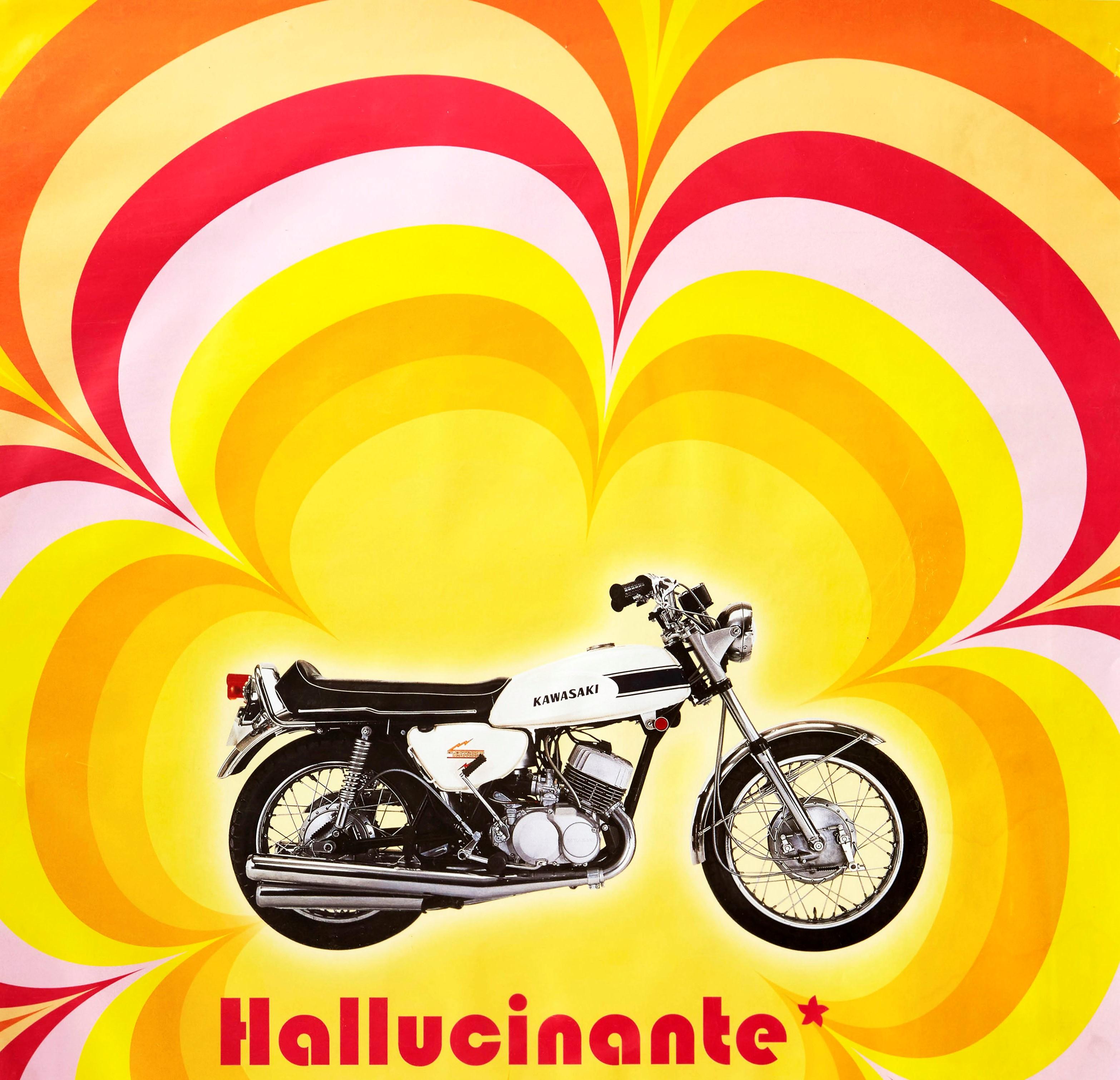 Original vintage Kawasaki motorcycle advertising poster - Hallucinante / Depuis 1969 500 H1 40 ans deja - featuring a black and white Kawasaki cruiser style motorbike against a colourful retro seventies psychedelic style hallucinatory flower pattern