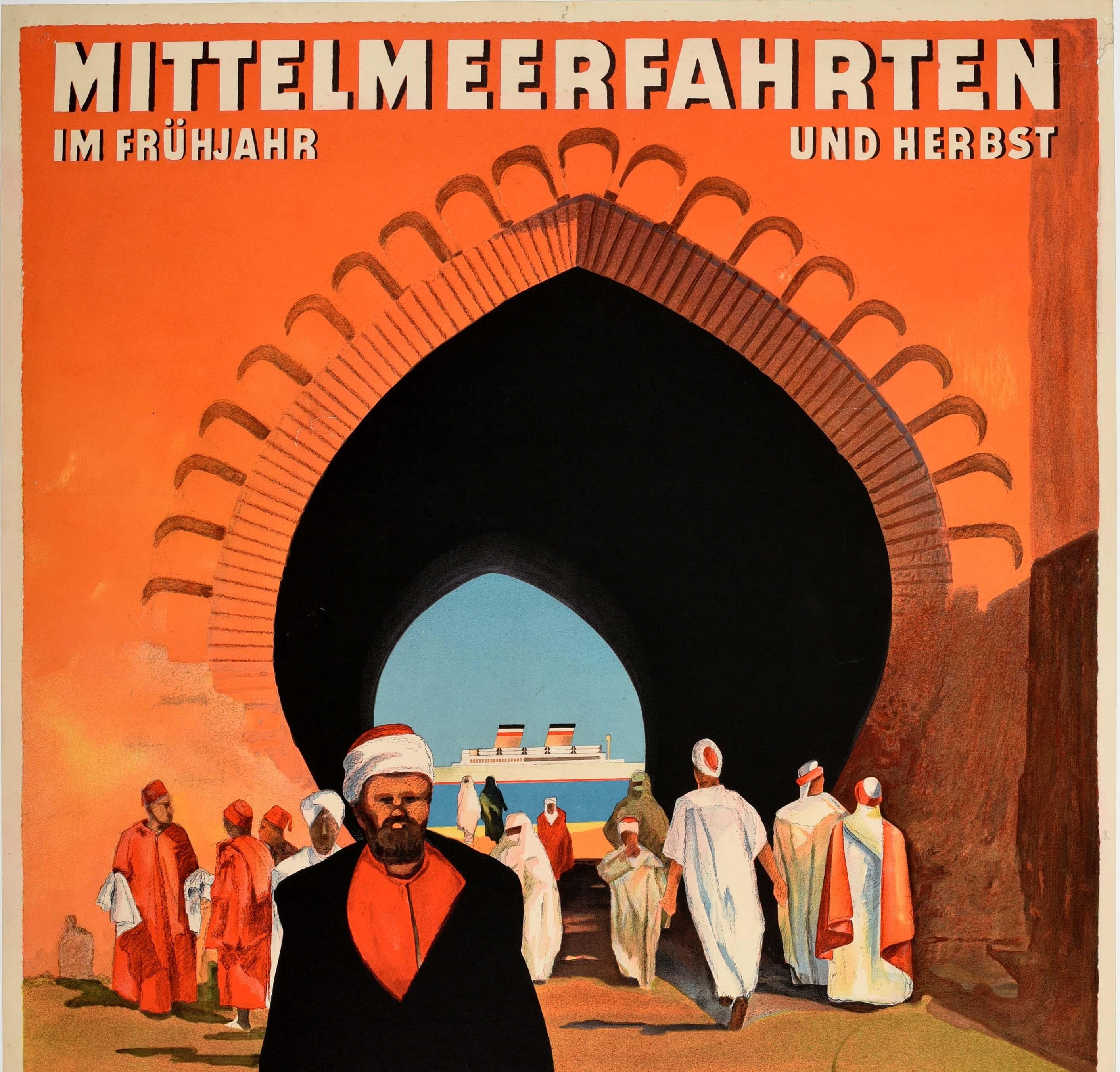 German Original Vintage Poster Hamburg Amerika Line Mediterranean Sea Cruise Travel Art For Sale