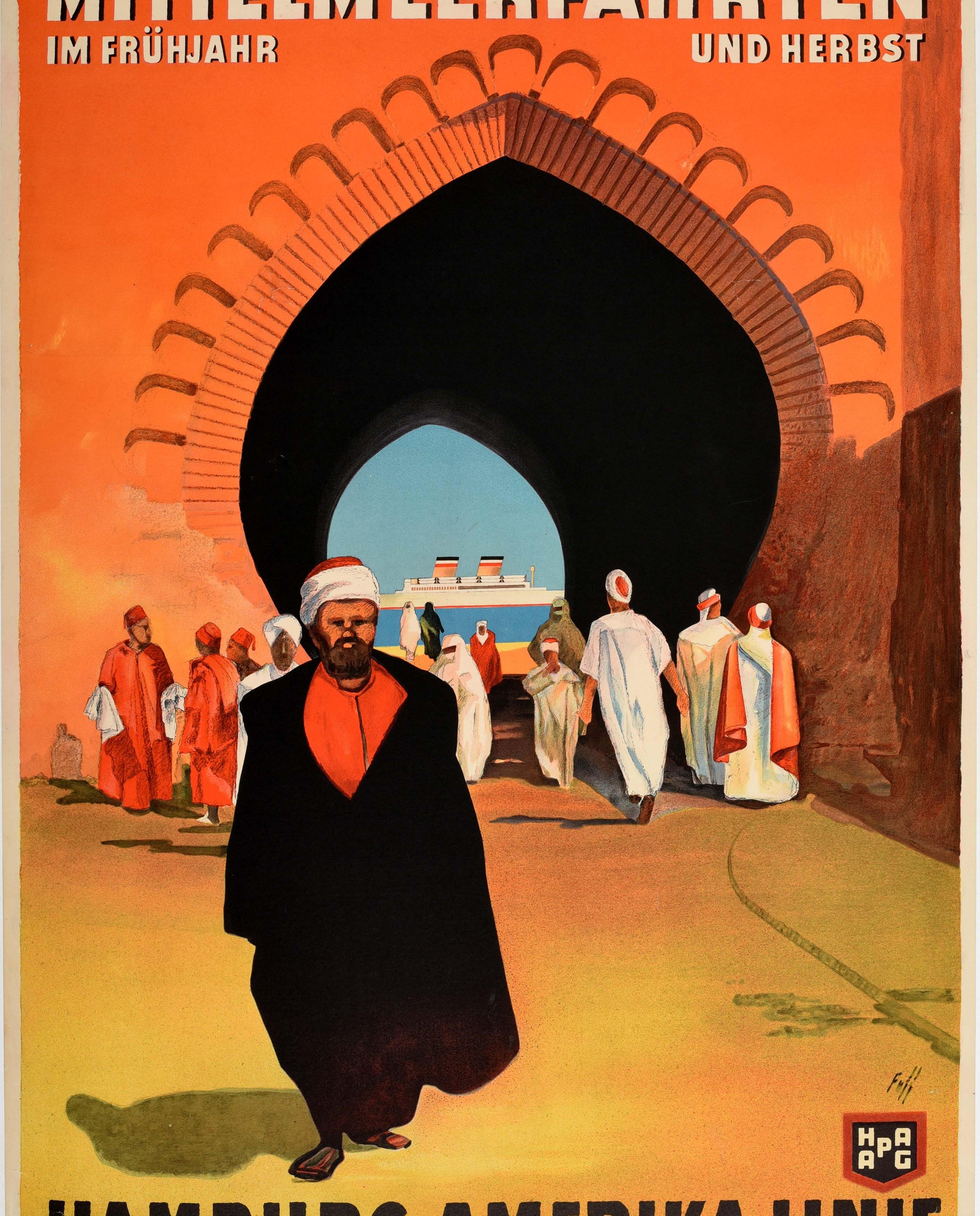 Metà XX secolo Poster originale d'epoca Hamburg Amerika Line Mediterranean Sea Cruise Travel Art in vendita