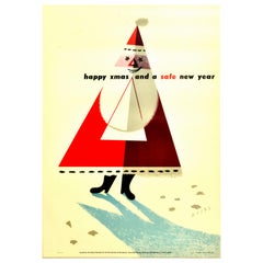 Original Vintage Poster Happy Xmas And A Safe New Year ROSPA Road Safety Santa