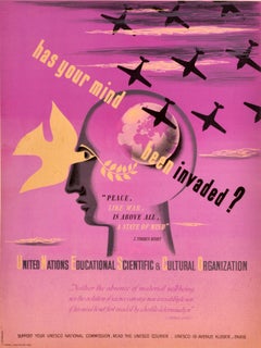 Original Vintage Poster Has Your Mind Been Invaded UNESCO Peace Dove War Planes