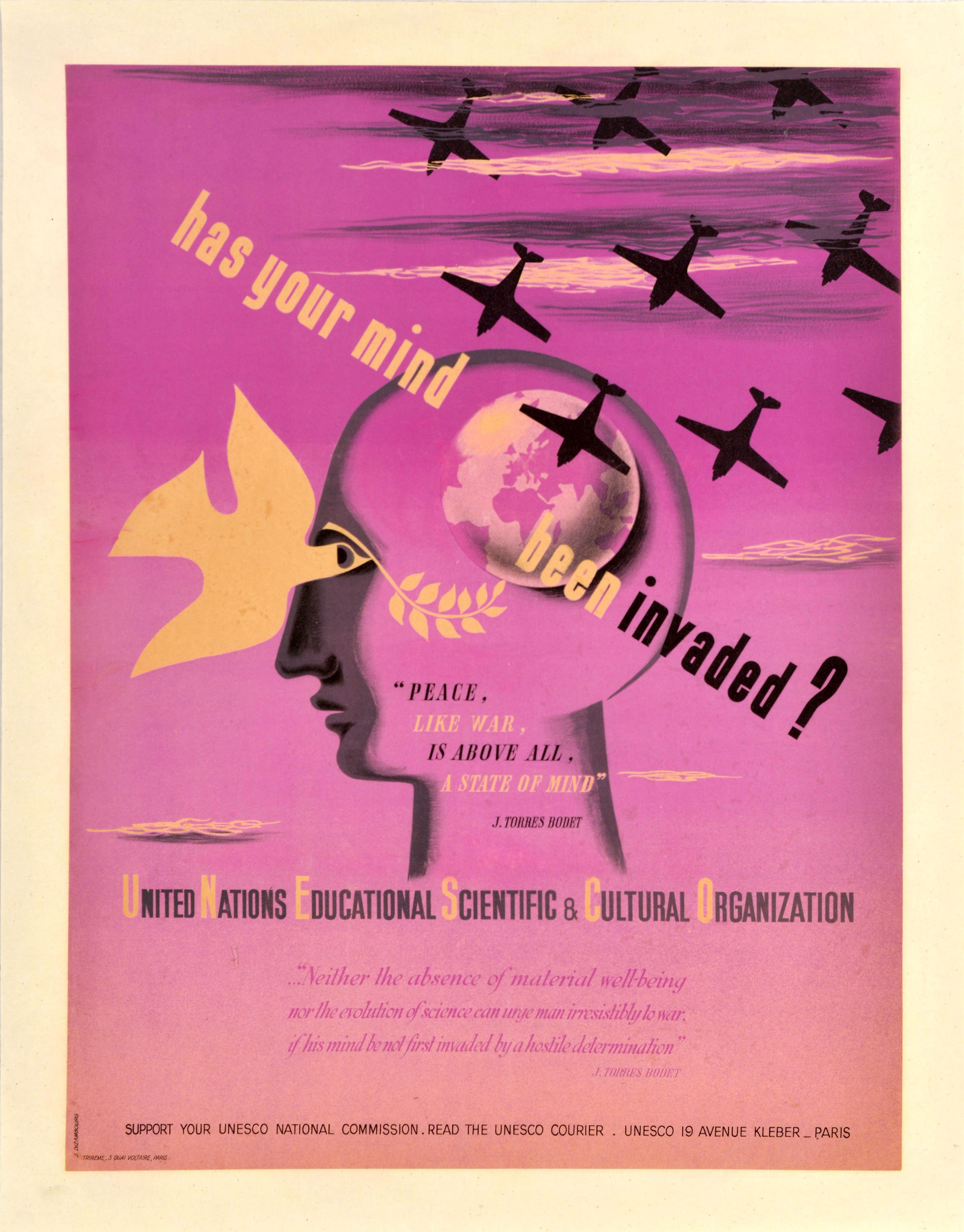Original Vintage Poster Has Your Mind Been Invaded UNESCO Peace Dove War Planes