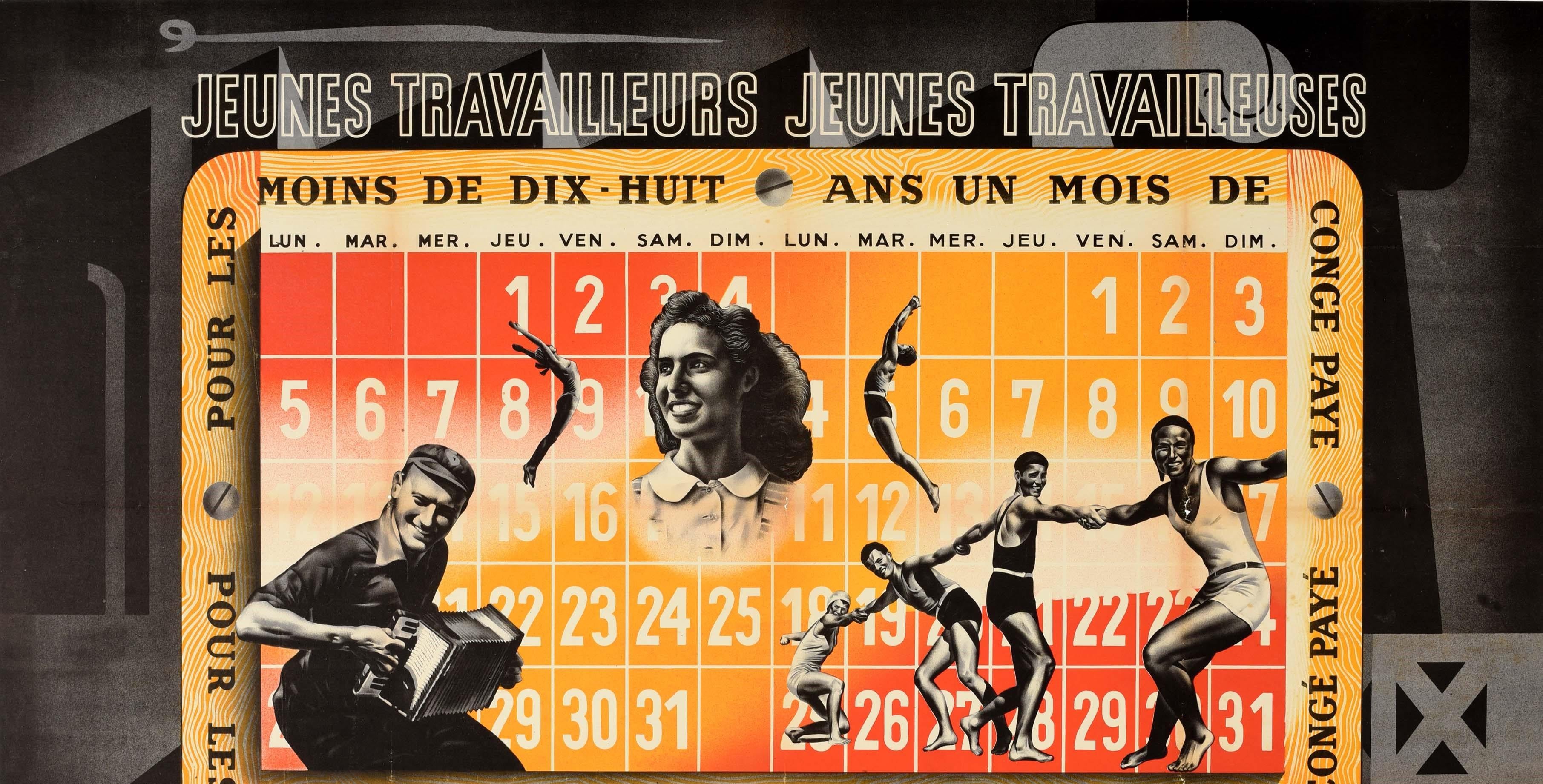 Original vintage propaganda poster - Young Workers The JOC Protects Your Health / Jeunes Travailleurs Jeunes Travailleuses La J.O.C. Defend Votre Sante - featuring a modernist photomontage design with black and white photos of people playing sport