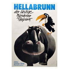 Original-Vintage-Poster, Hellabrunn Tierpark, „The Fun Munich Zoo“, Hippo-Toskanischer Vogel, Hippo