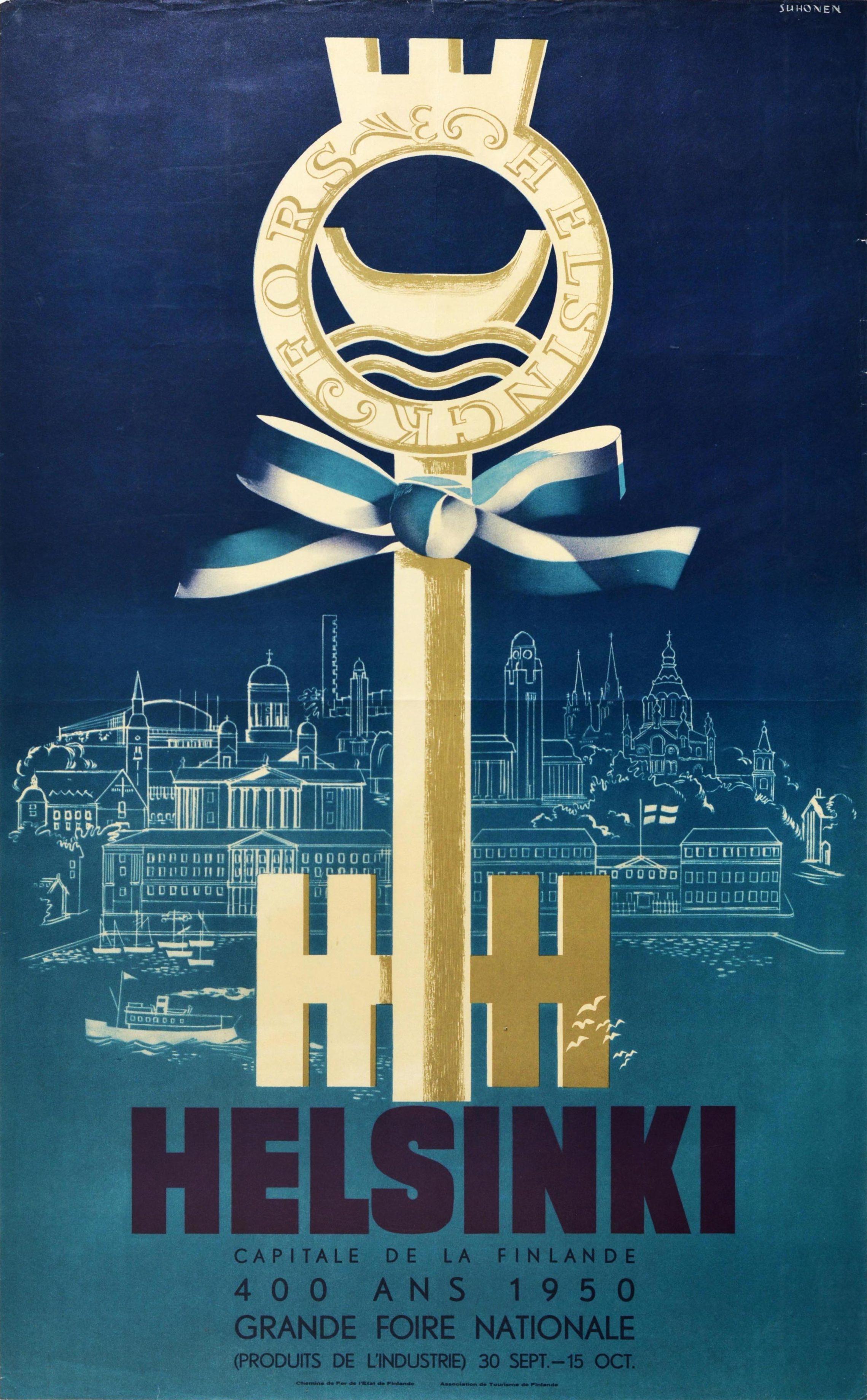 Original vintage travel poster promoting Helsinki Finland featuring a great illustration showing a key to the capital city with Fors Helsingk and a boat depicted at the top of the key, and a blue and white ribbon in the colours of Finnish flag tied