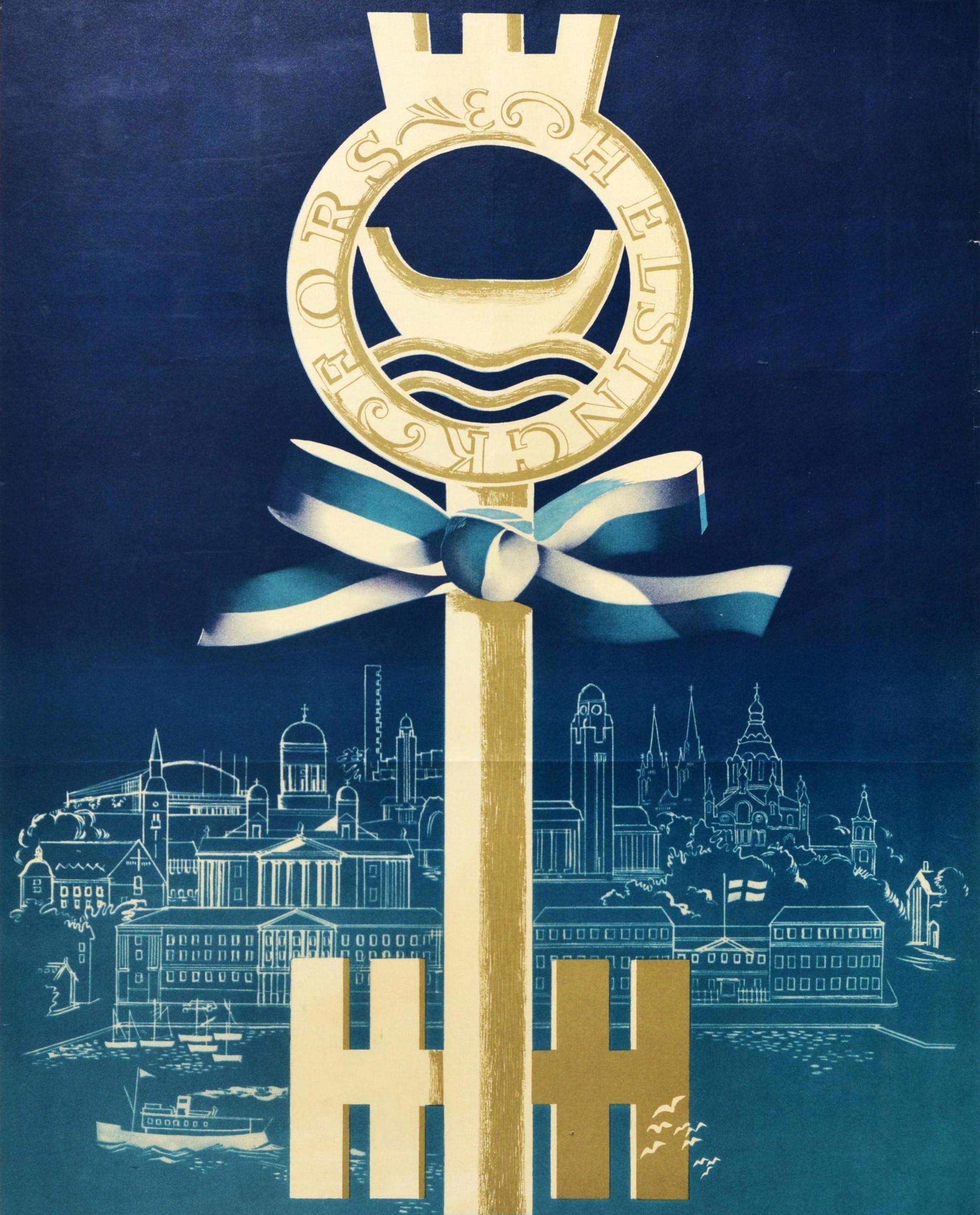 Mid-20th Century Original Vintage Poster Helsinki 400 Years Finland City Key Industry Fair Travel For Sale