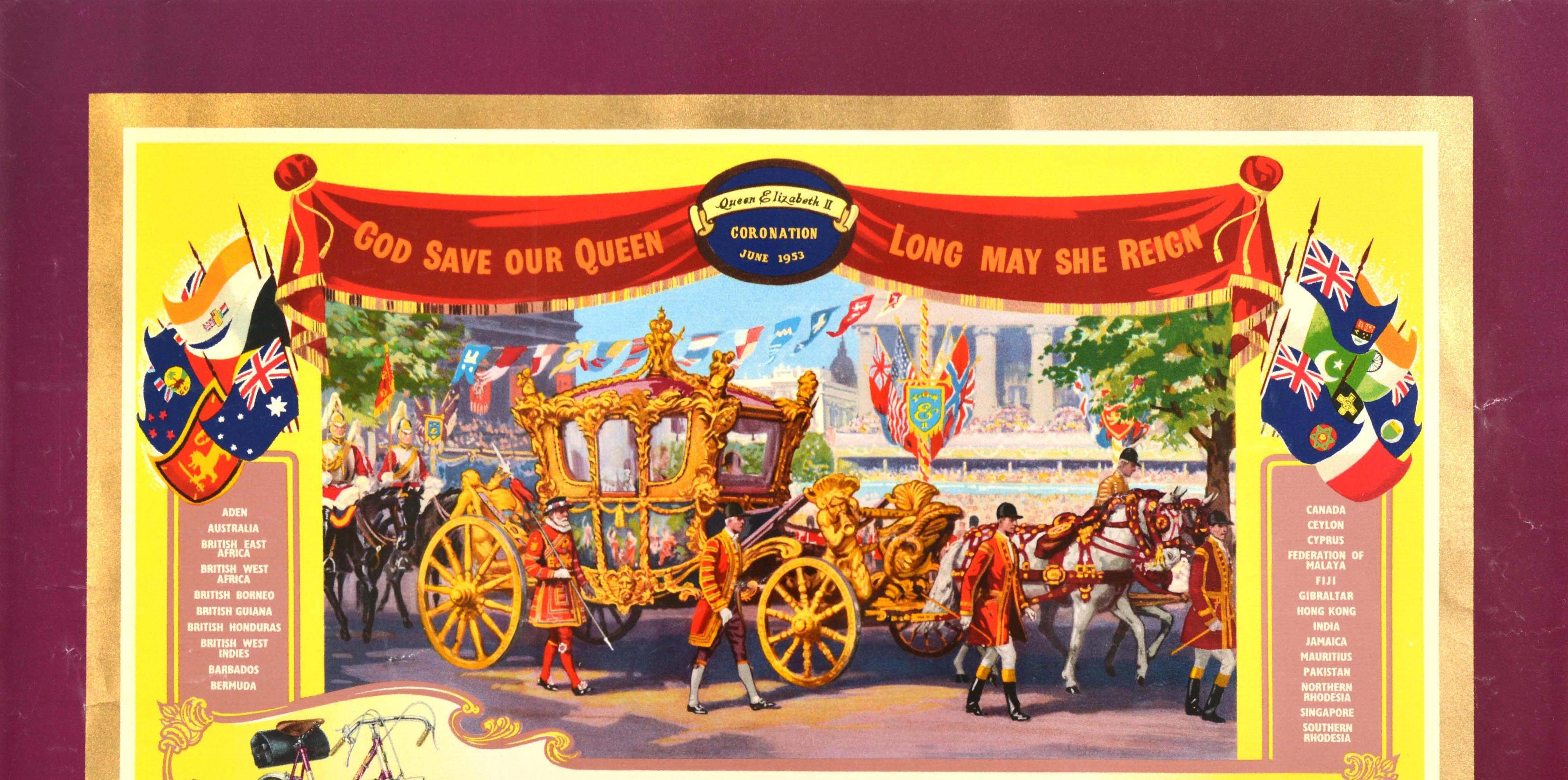 Original Vintage-Fahrrad-Werbeplakat von Hercules Cycles für die Krönung der Königin mit einer farbenfrohen Illustration der königlichen Prozession mit der von Pferden gezogenen goldenen Staatskutsche, die von Beefeaters und königlichen Wachen vor