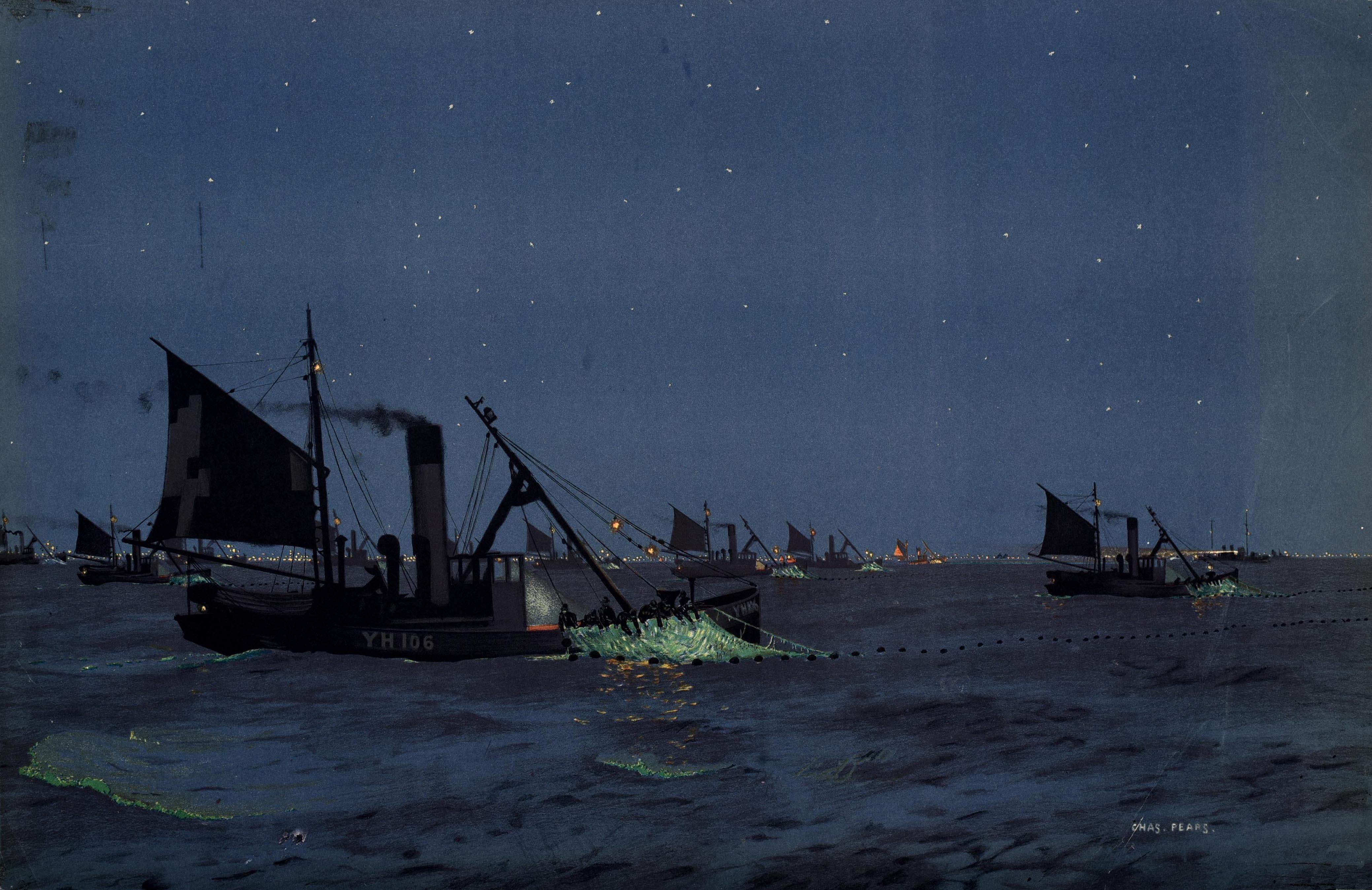 Poster originale d'epoca pubblicato dall'Empire Marketing Board (EMB 1926-1933): Herring Drifters In The North Sea (Aringhe alla deriva nel Mare del Nord) con una splendida opera d'arte del pittore, illustratore e cartellonista britannico Charles