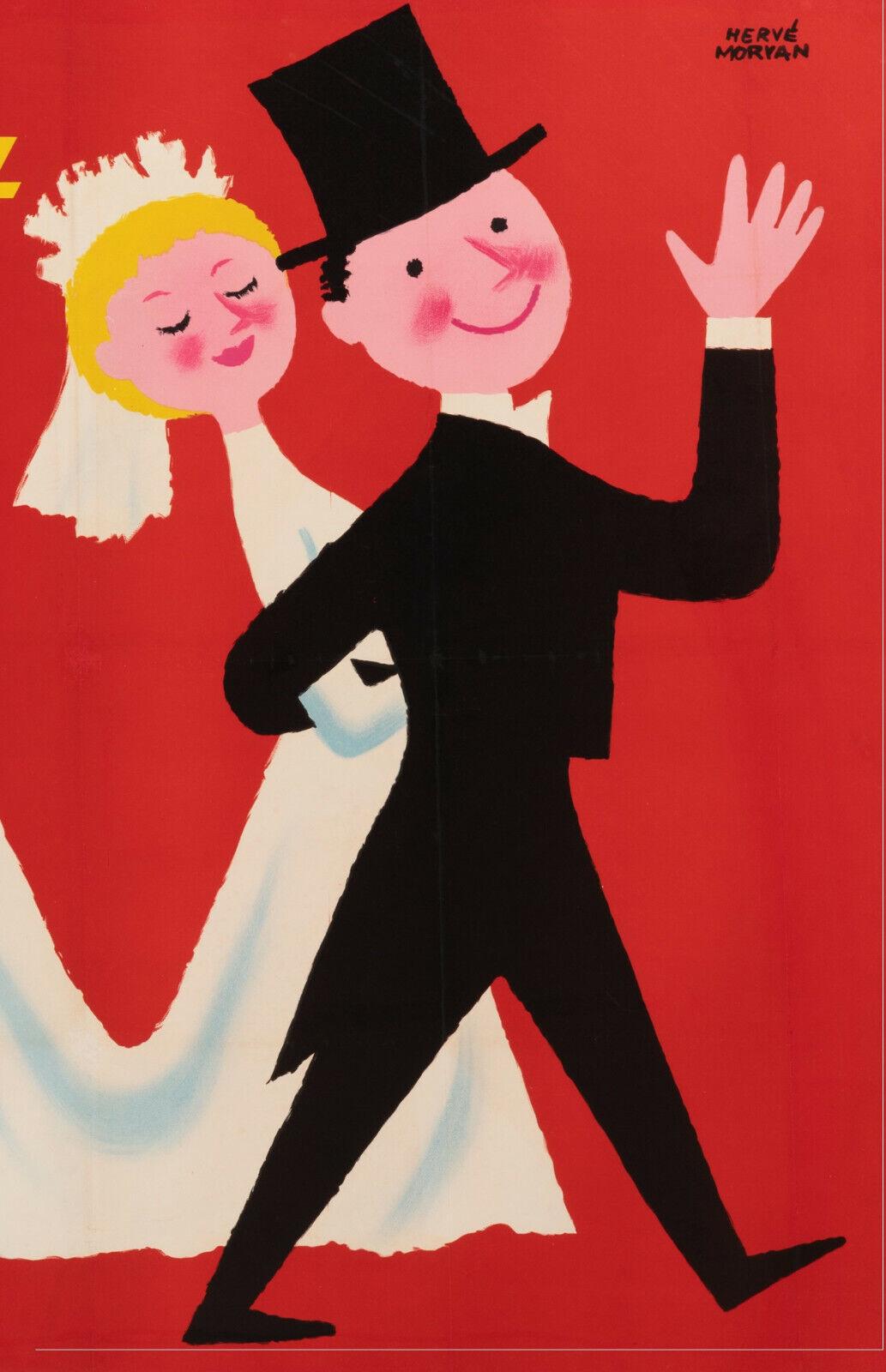 Original Vintage Poster-Herve Morvan-Brandt-Home Appliance-Marriage, c.1955

Affiche publicitaire pour la machine à laver de la marque Brandt.
Un couple de jeunes mariés dont la robe de mariée sort tout droit de la machine à laver est sur le