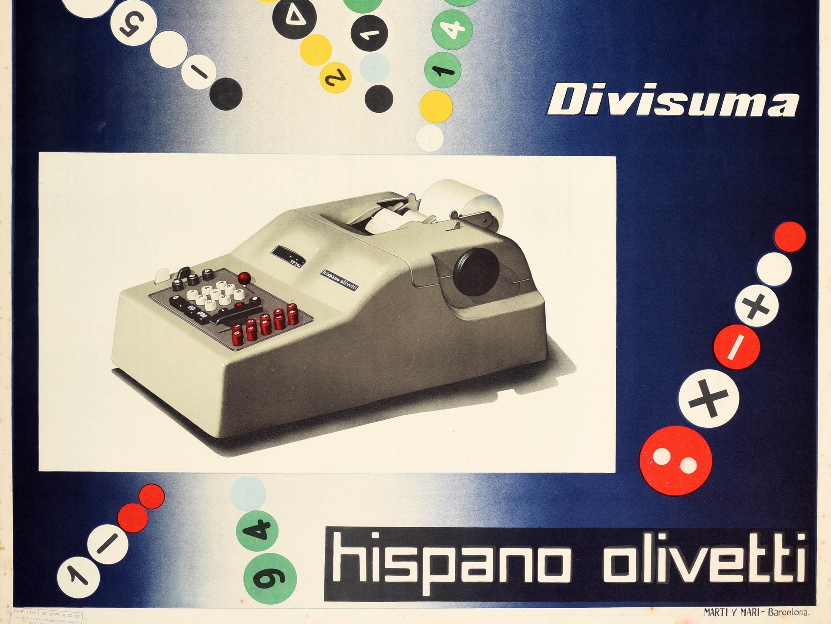 Mid-Century Modern Original Vintage Poster Hispano Olivetti Divisuma Electric Calculator Midcentury