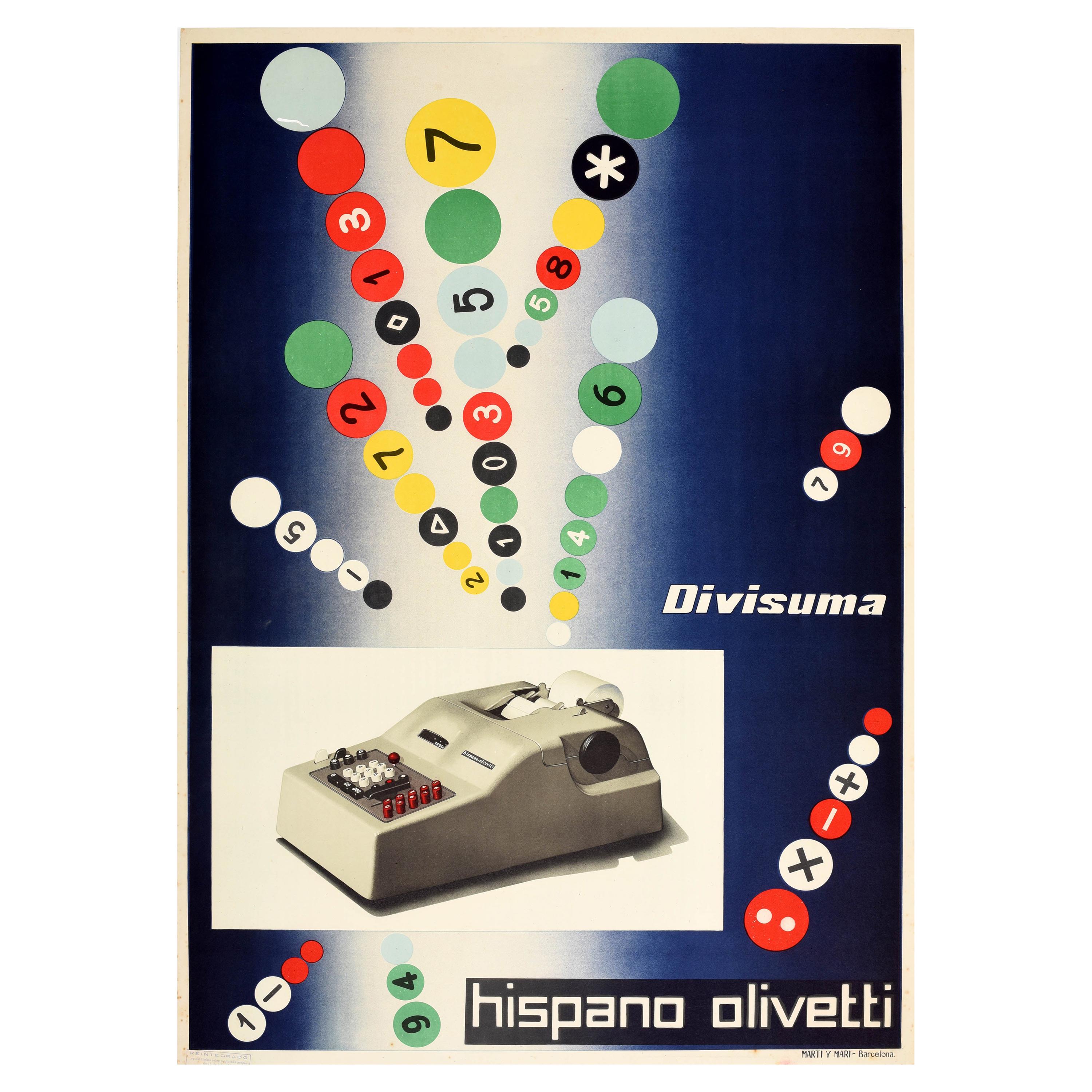 Original Vintage Poster Hispano Olivetti Divisuma Electric Calculator Midcentury