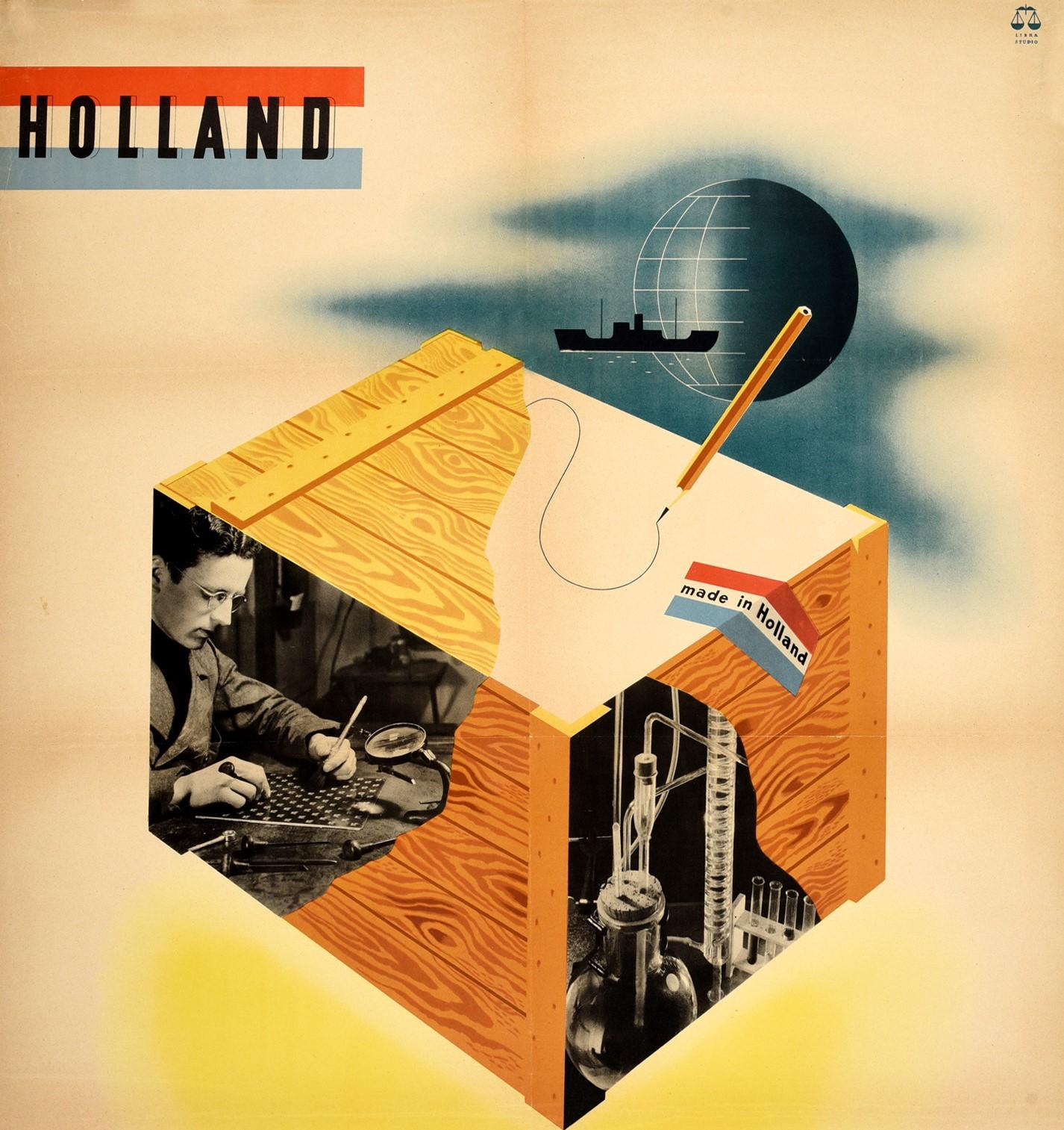Original vintage poster - Holland Quality Science, art and craftsmanship combine efforts for Netherlands export - featuring a mid-century modern design depicting a wooden shipping container with a pencil drawing a line on the top next to a Made in