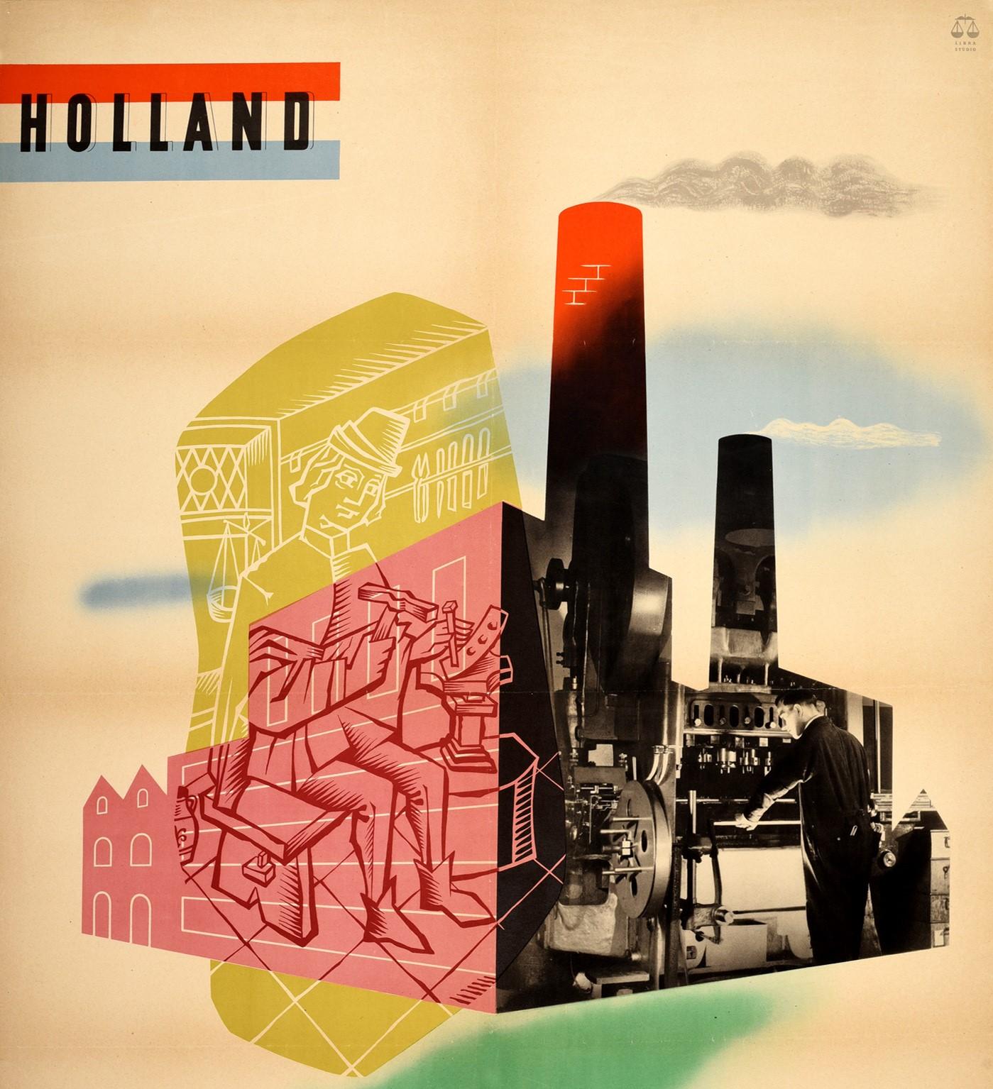 Original vintage poster - Holland Tradition Tools changed, skill maintained in the Netherlands industry - featuring a mid-century modern design depicting a factory with two smoking chimneys with one side showing a colourful illustration of a man