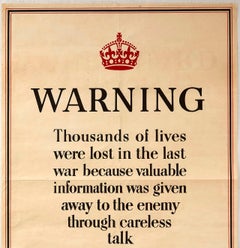 Original Vintage Poster Home Front WWII Warning Careless Talk Be On Your Guard