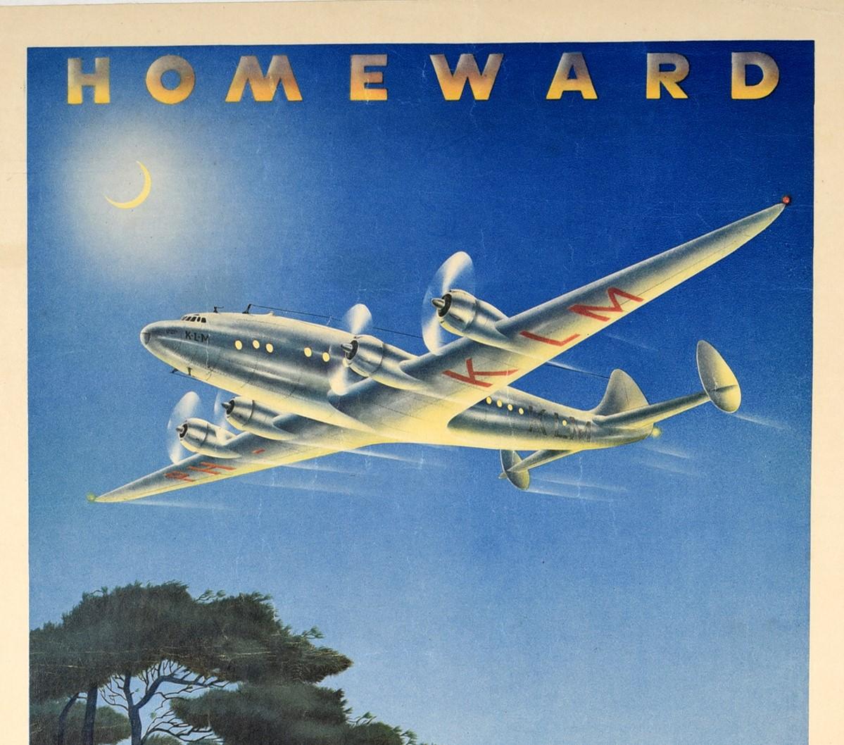 Original vintage travel advertising poster issued by KLM Royal Dutch Airlines - Homeward - featuring great artwork by Paul Erkelens (b. 1912) of a KLM propeller plane flying at speed in a blue evening sky above a tree in the foreground with