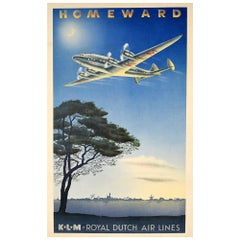 Original Vintage Poster Homeward KLM Royal Dutch Airlines Propeller Plane Travel
