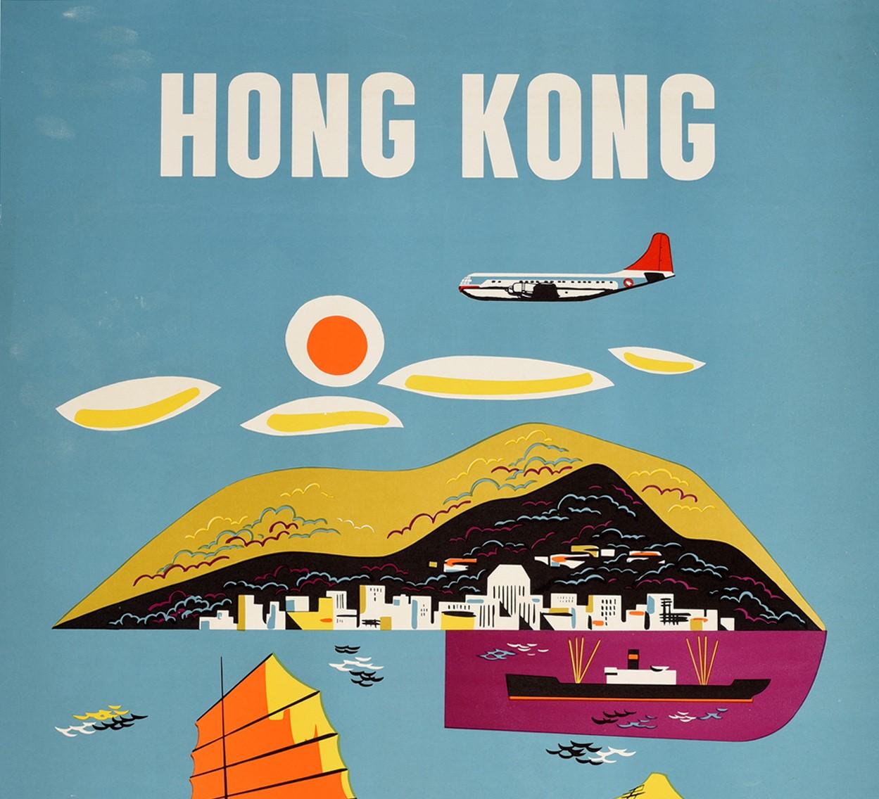 Original vintage travel poster for Hong Kong Fly Northwest Orient Airlines featuring a colourful illustration of a fisherman sitting in the foreground with Victoria Peak on Hong Kong island in the distance, trees on the hills and city buildings by