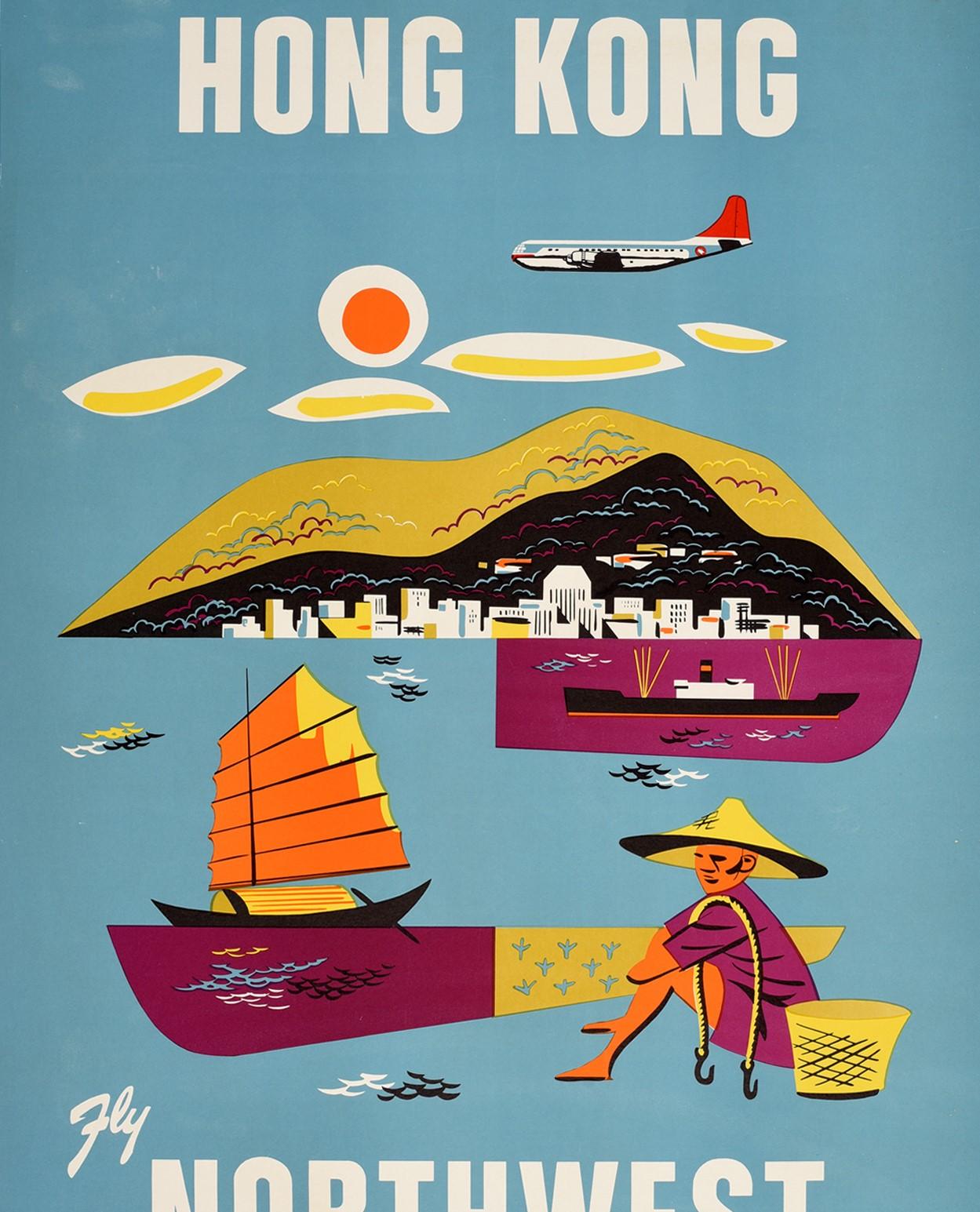 Póster Vintage Original Hong Kong Fly Northwest Orient Airlines Asia Travel Art en Bueno estado para la venta en London, GB