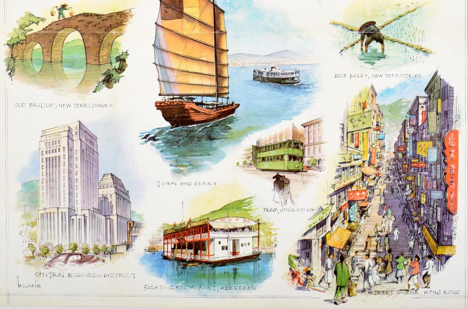 Australian Original Vintage Poster Hong Kong Fly There By Qantas Travel Art Illustrations