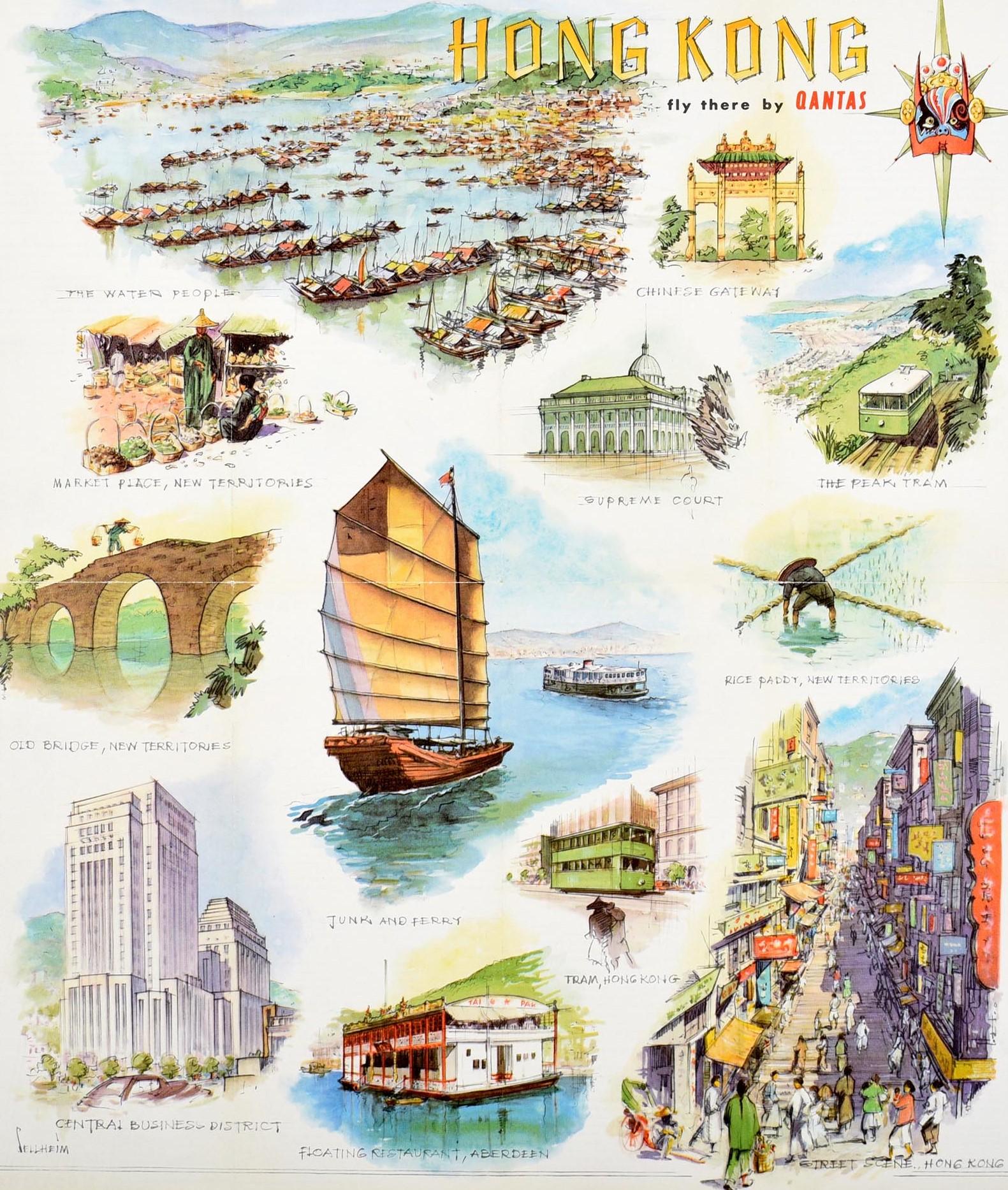 Original Vintage Poster Hong Kong Fly There By Qantas Travel Art Illustrations In Good Condition In London, GB