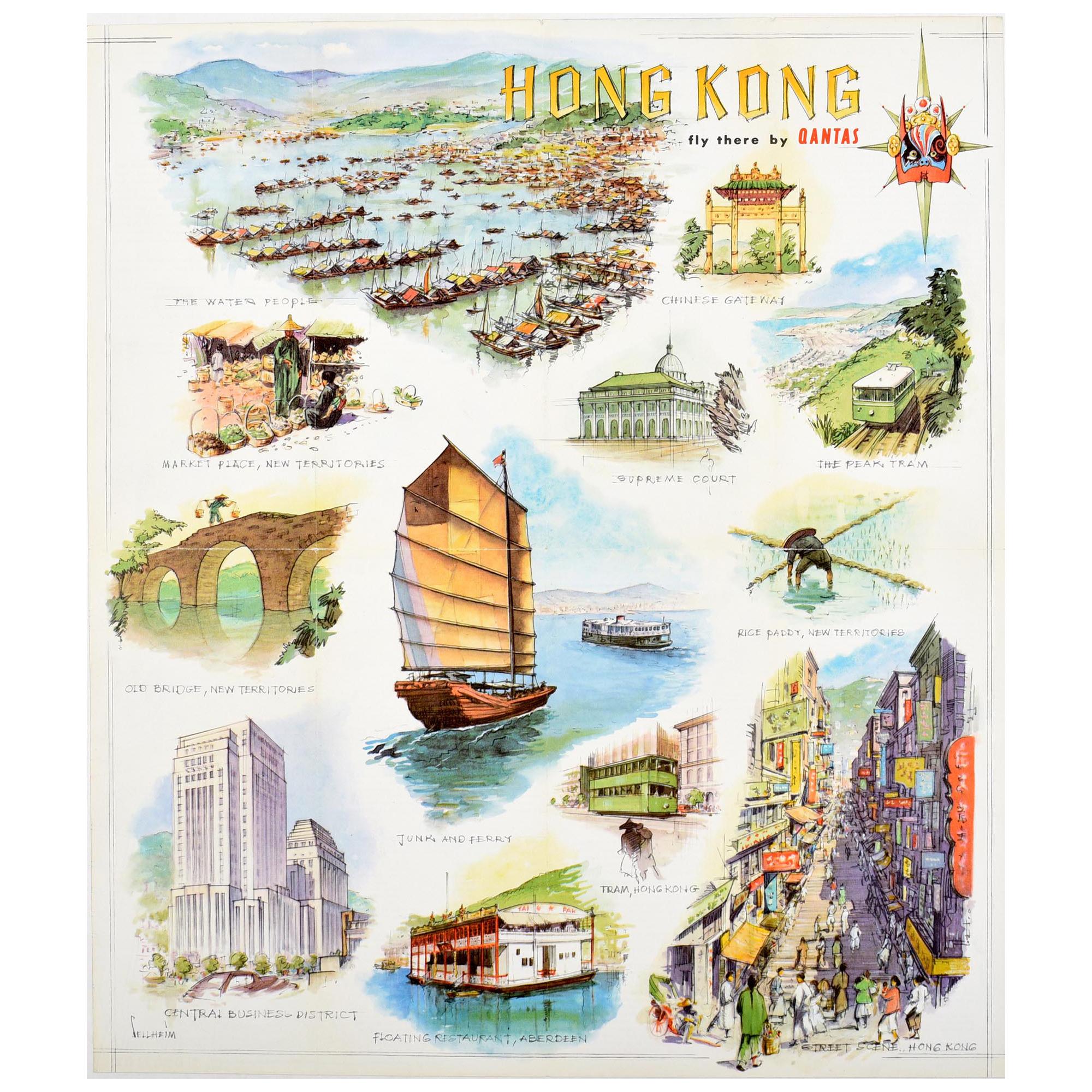 Original Vintage Hong Kong Travel Advertising Poster Featuring a Hong