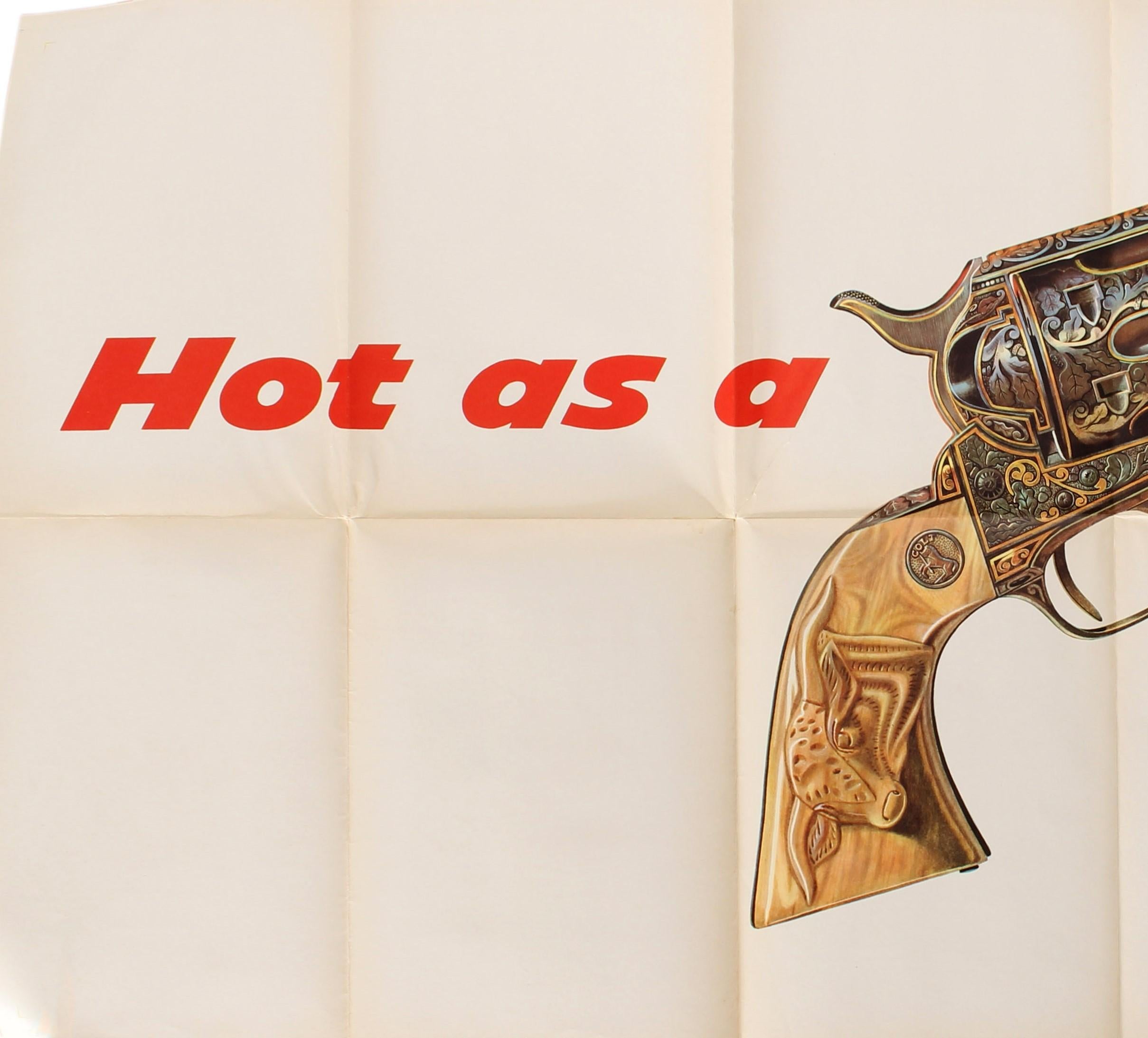 Original vintage car advertising poster for The New De Soto Hot as a smoking gun featuring a great design showing an image of a smoking Colt Texan Jr. revolver pistol gun decorated with detailed patterns including leaves and a buffalo on the handle