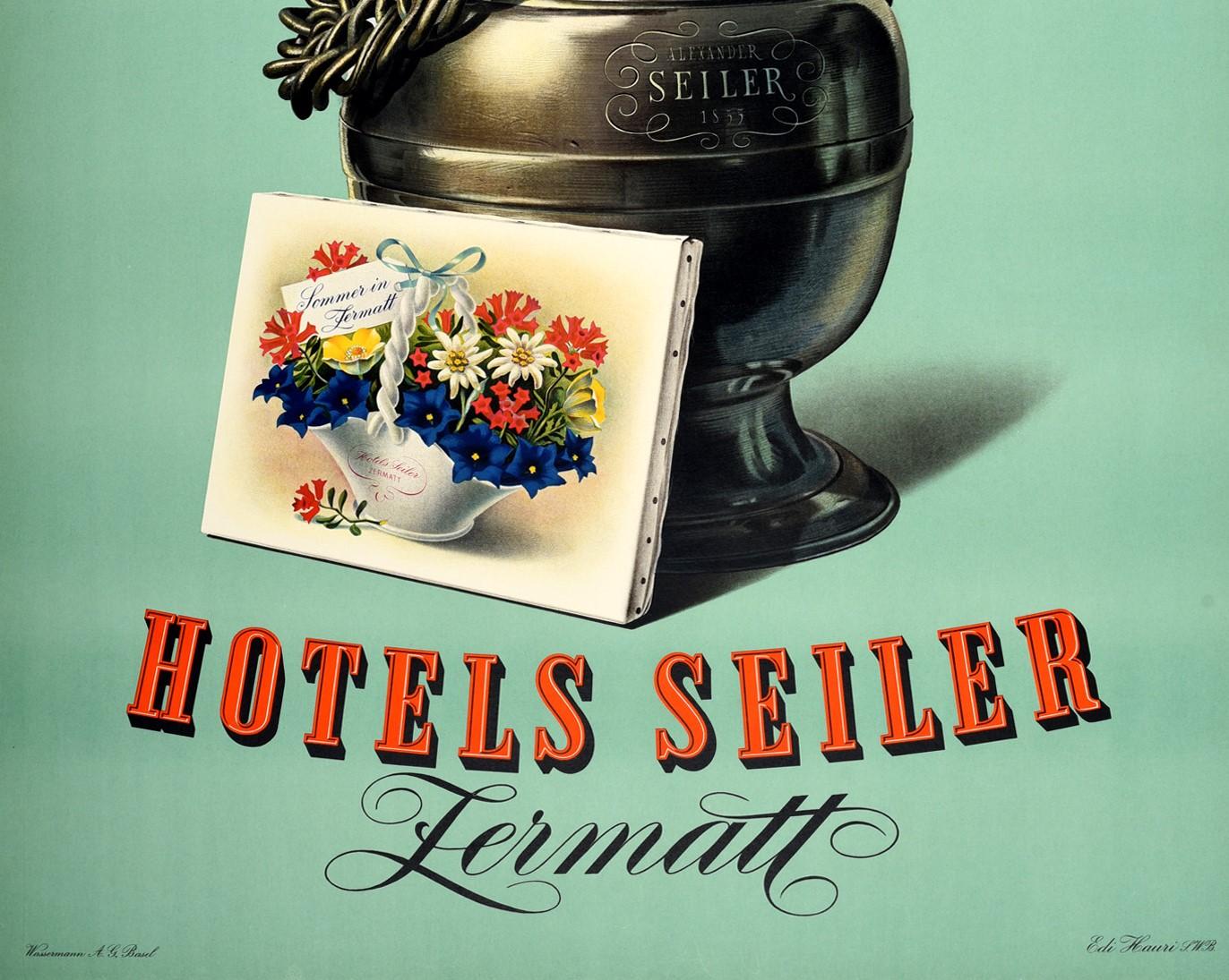 Swiss Original Vintage Poster Hotels Seiler Zermatt Switzerland Alps Summer Flowers For Sale