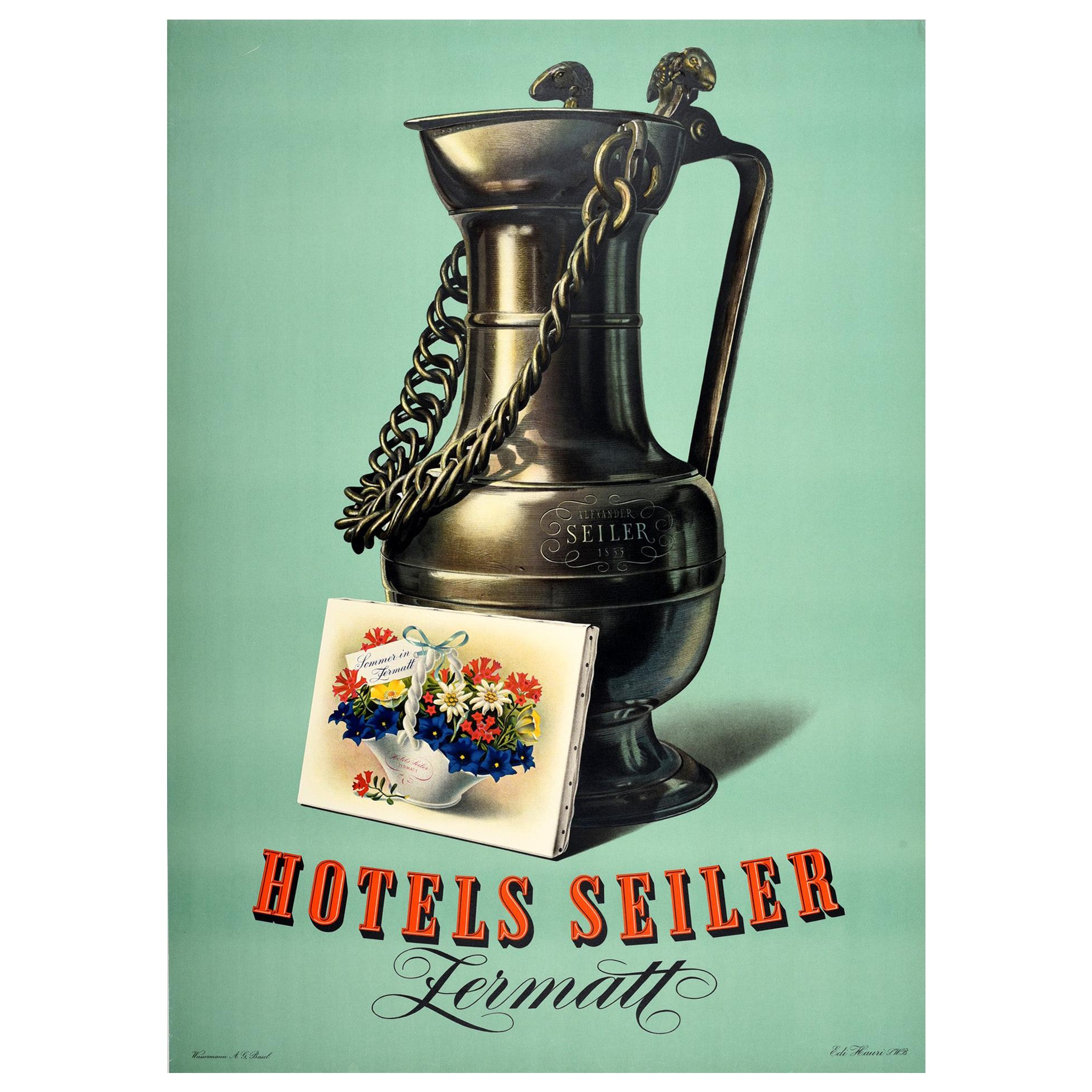Affiche vintage d'origine hôtelier Zermatt, Alpes Suisses, Fleurs d'été en vente