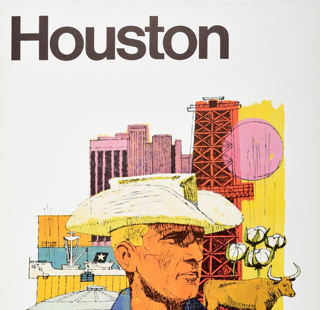 Original vintage travel poster - Houston Continental the proud bird with the golden tail - featuring a great design with illustrations of a man wearing a hat in front of a bull and a cotton farm, an oil rig, the Astrodome sports stadium (opened