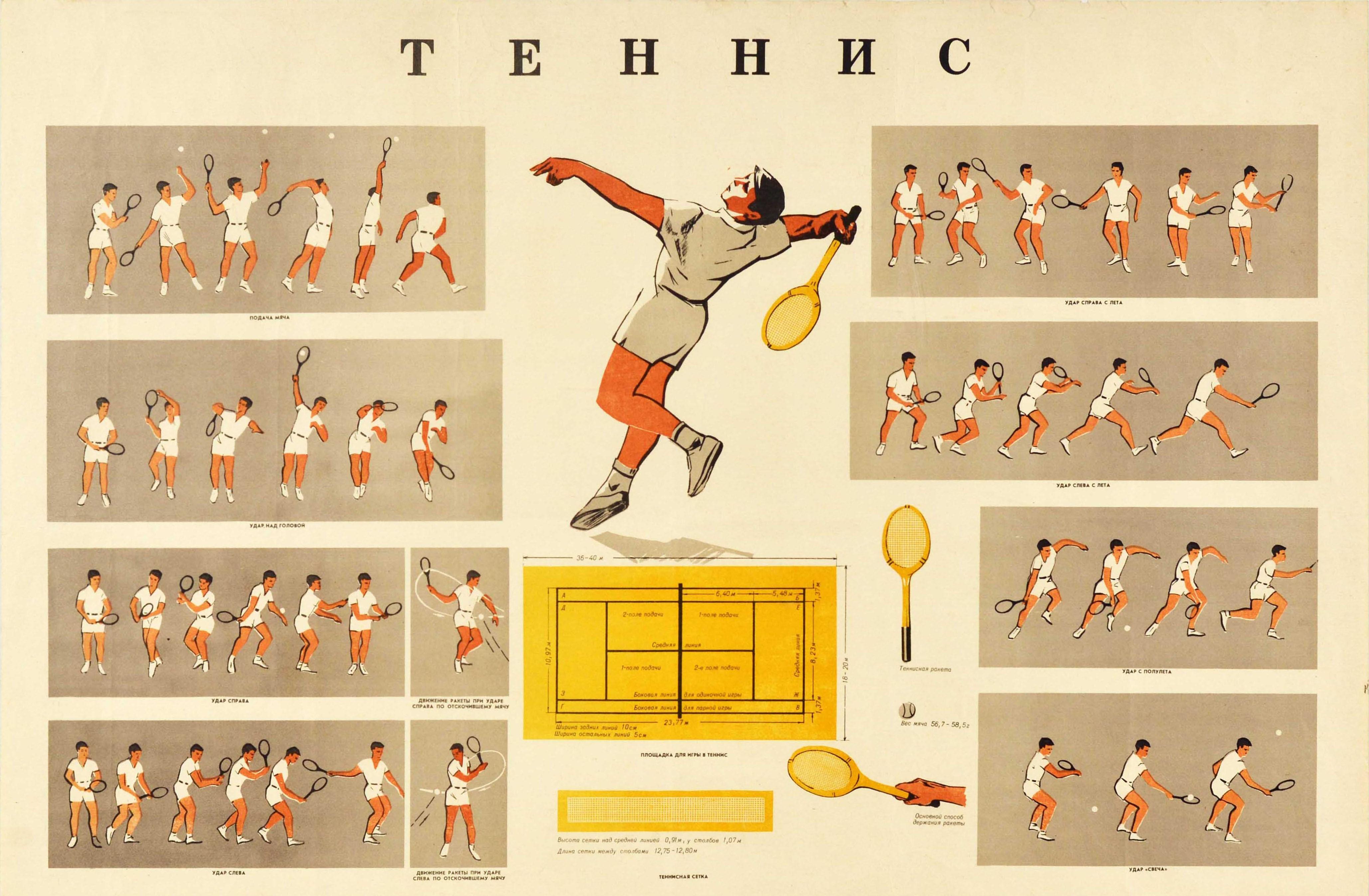 Affiche d'enseignement sportif soviétique d'époque montrant les positions, les mouvements et le jeu de tennis / ? ????? dans des images représentant un joueur dans chaque case effectuant diverses actions telles que servir la balle et frapper un coup