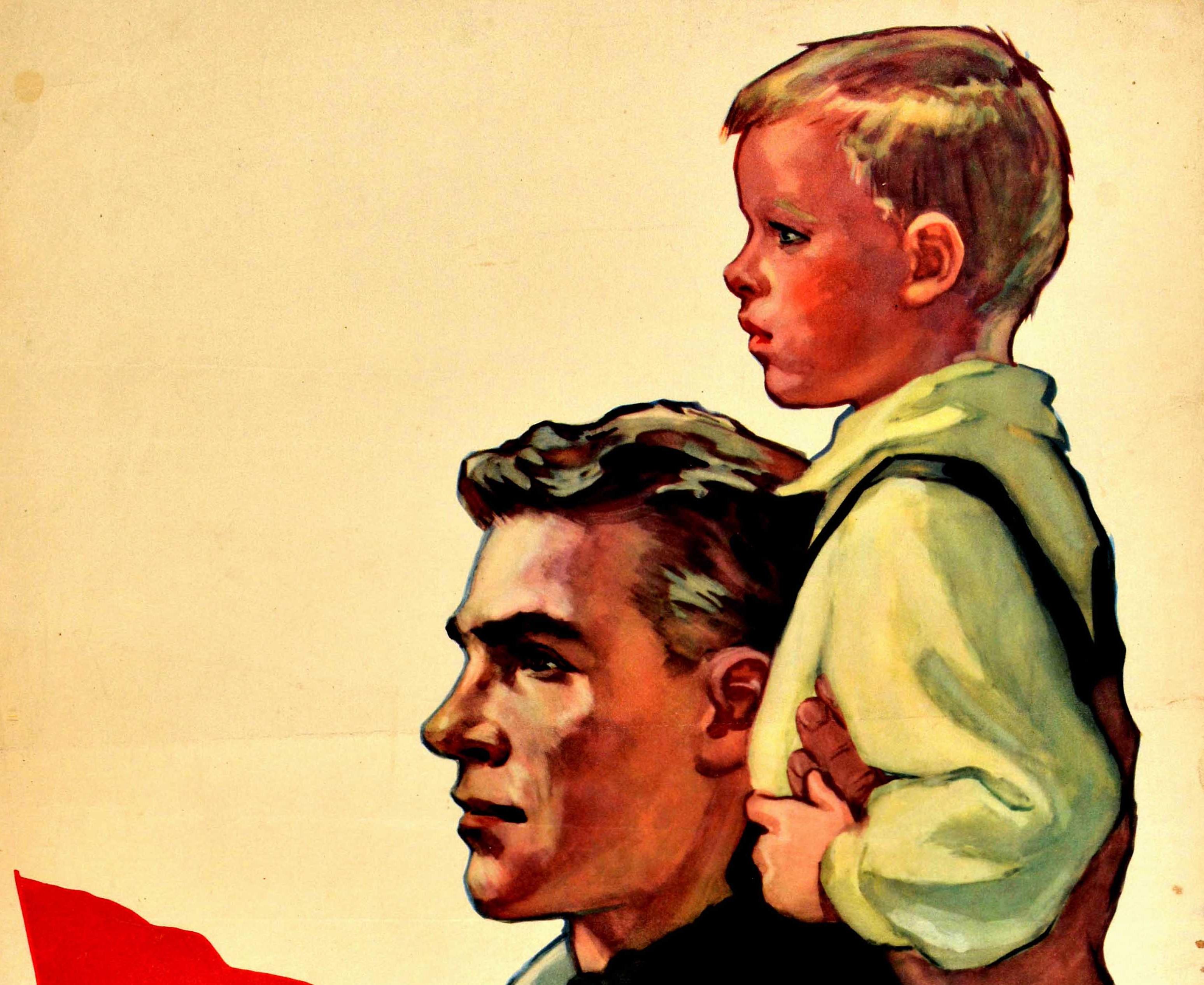 Original vintage Soviet propaganda poster - I Don't Want my Son to Know War! - featuring a great image of a father holding a young boy on his shoulder with a red flag flying in the background inscribed CCCP ????? ???? / USSR is a Stronghold of