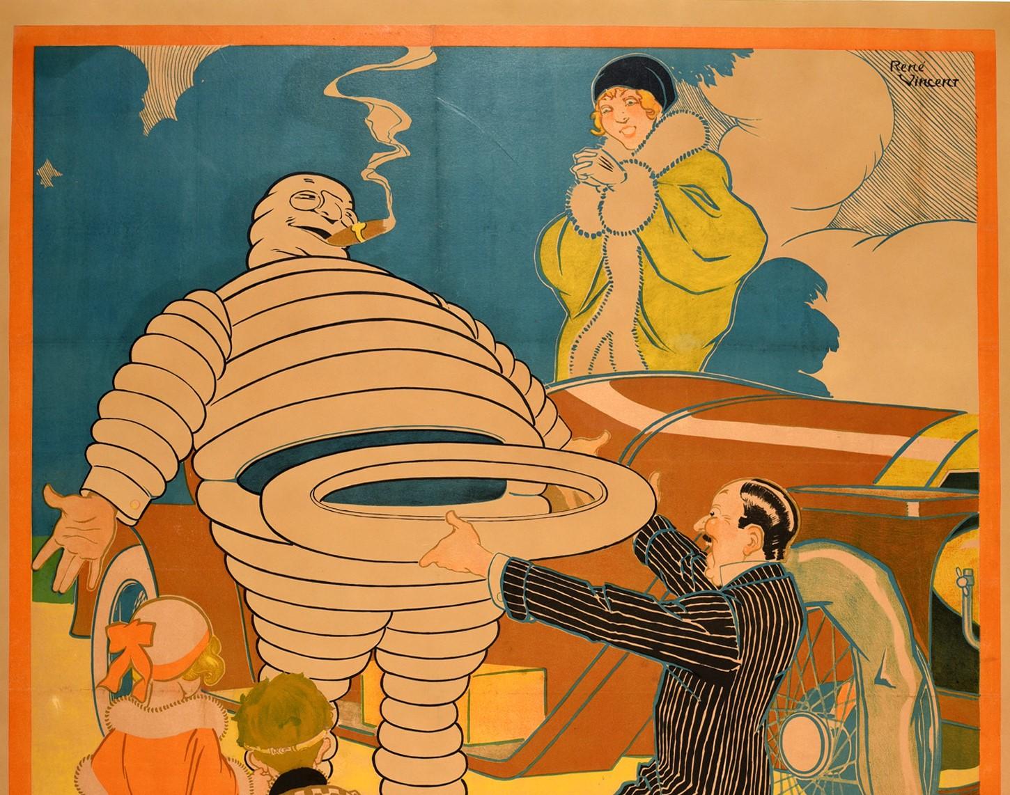 Original vintage advertising poster for Michelin tyres featuring a great illustration by Rene Vincent (1879-1936) showing the trademark Bibendum character - the iconic Michelin Man figure made from tires - smoking a cigar and smiling as he offers a
