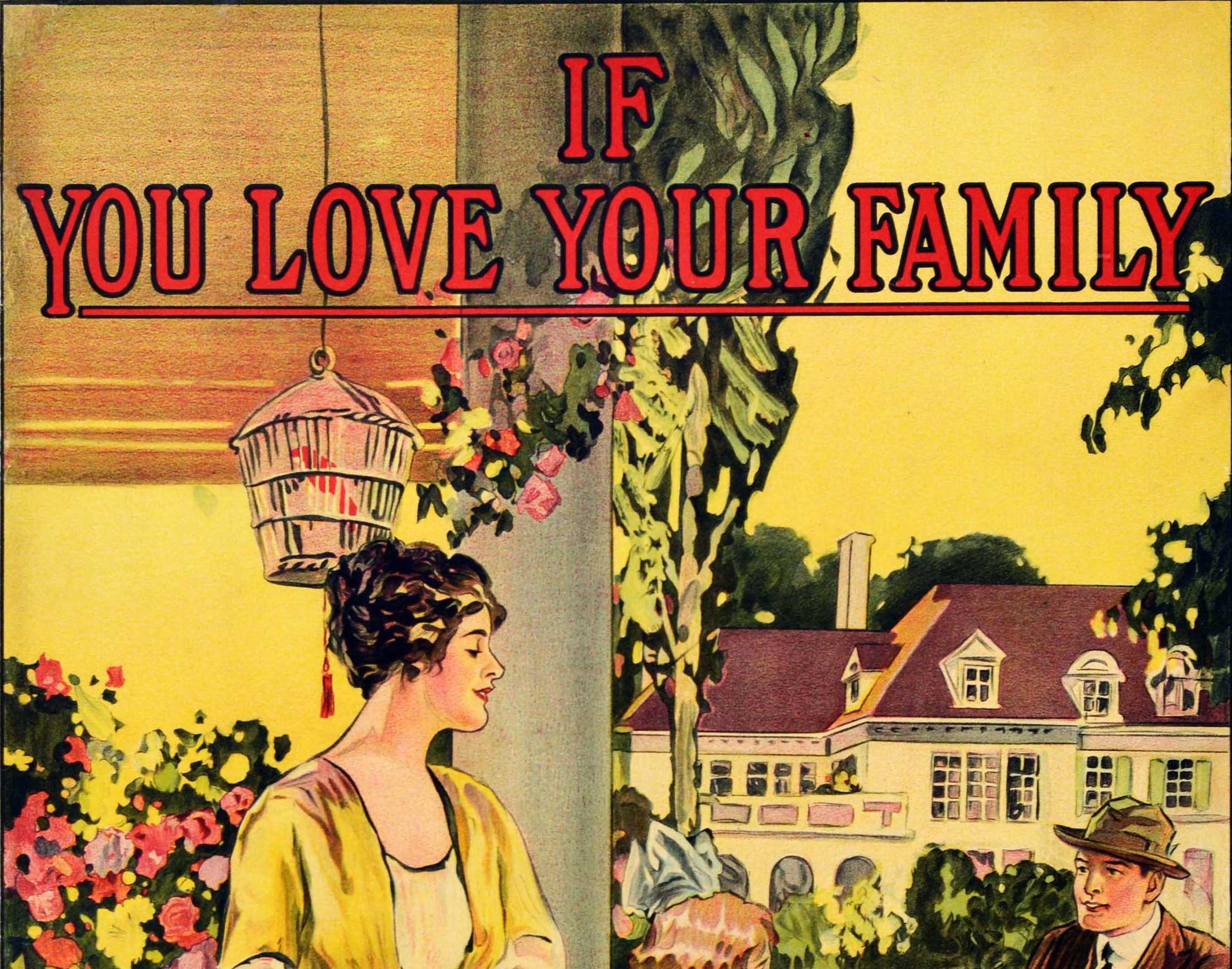 Original vintage advertising poster most likely printed for a real estate agency or a mortgage lender - If you love your family Own your home Let us tell you how - featuring a colourful design showing a happy family welcoming the father back home