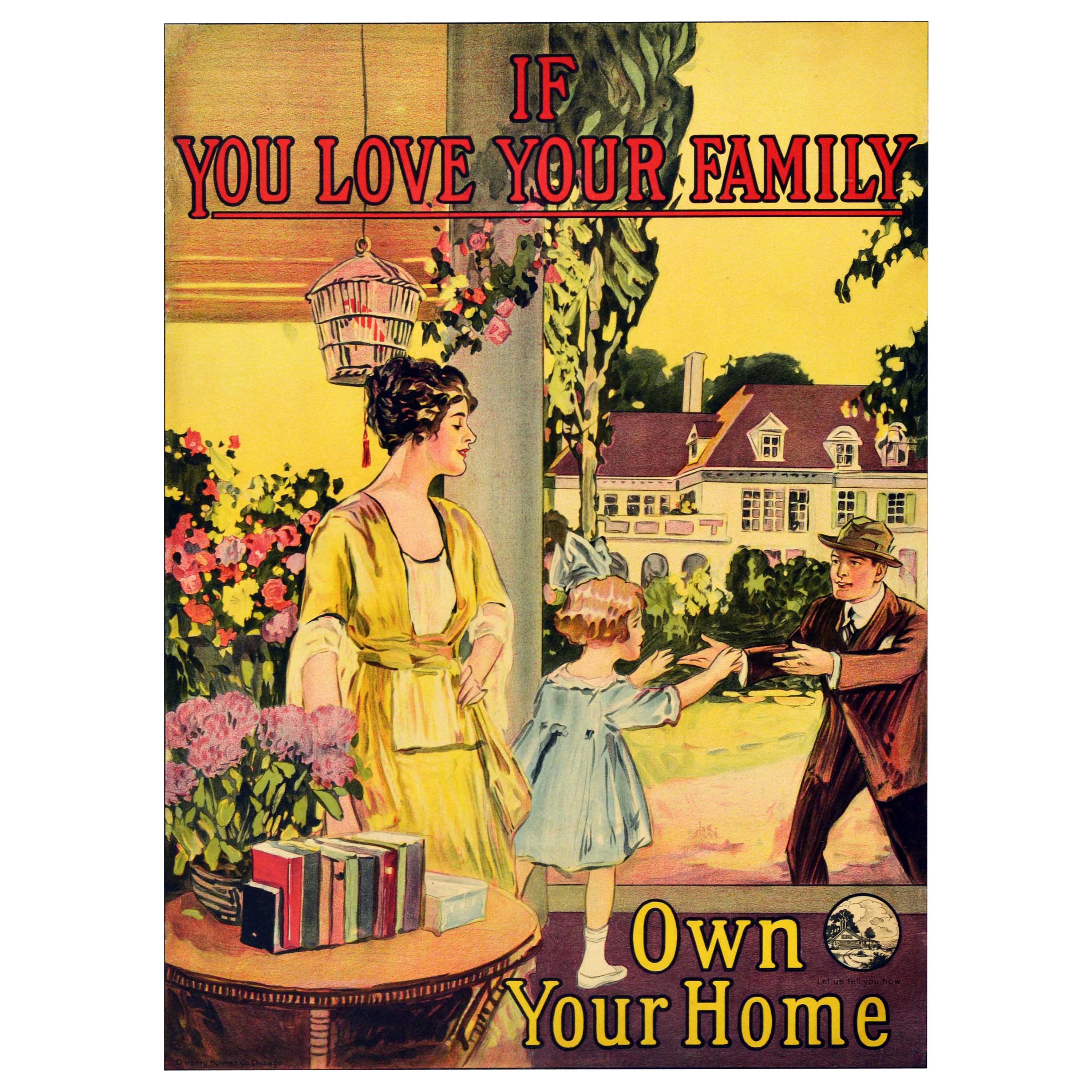 Affiche rétro originale, If You Love Your Family Own Your Home, Porche, Jardin, Art en vente