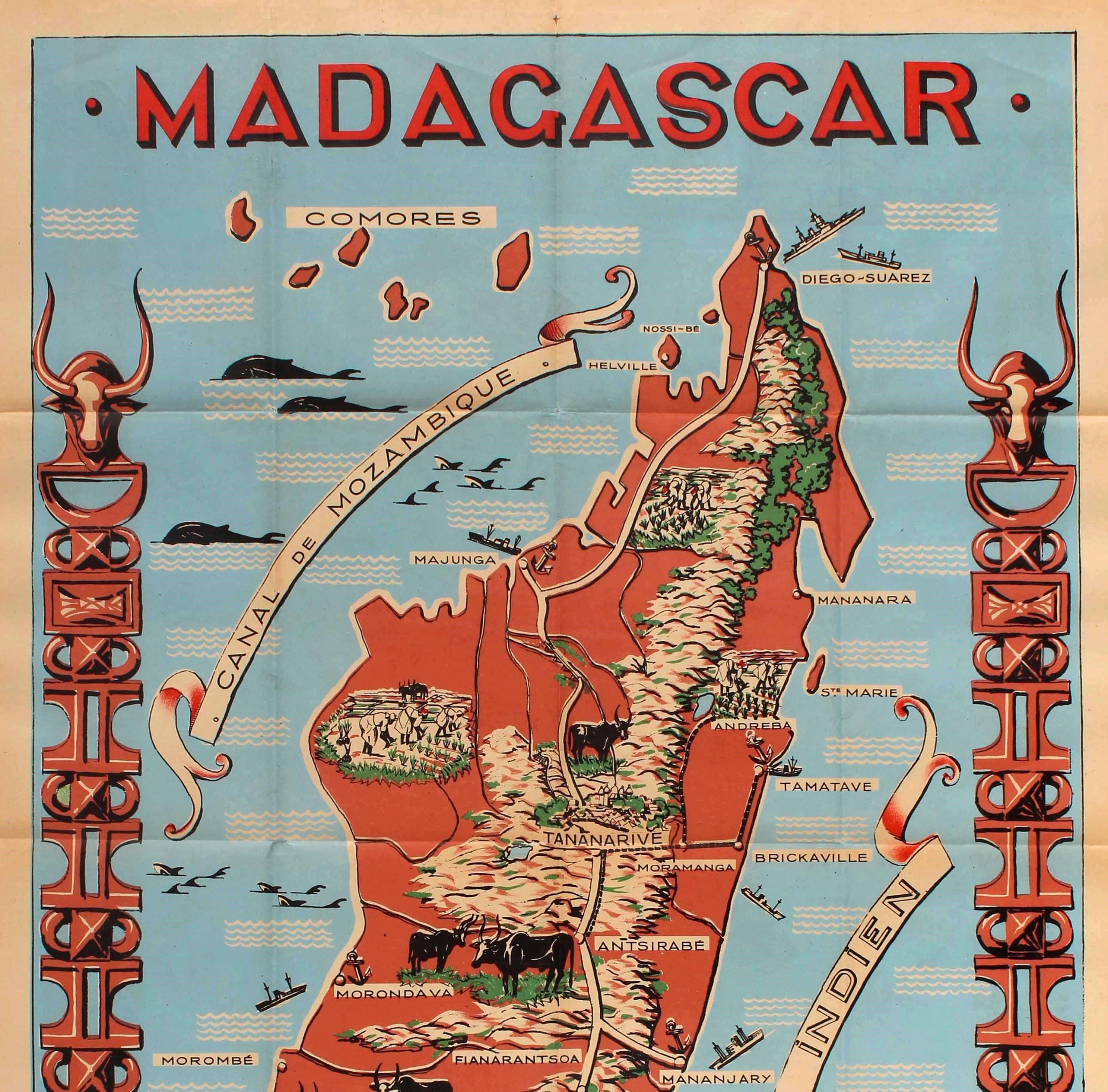 Original vintage travel poster for Madagascar located in the Indian Ocean near Africa featuring an illustrated map showing the various places on a road route, the cities and towns marked with the highlands and forests as well as cattle and farming